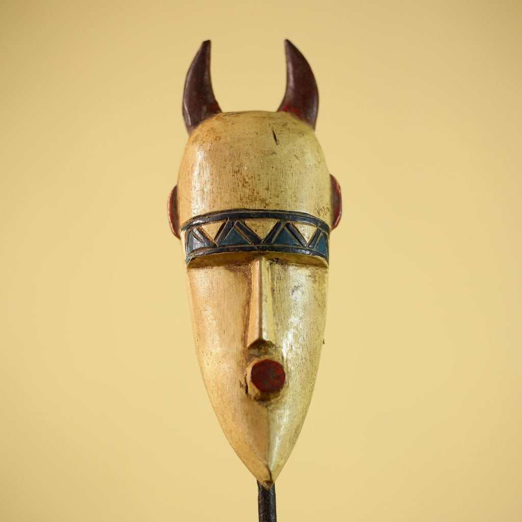 African Horned Tribal Mask Hand Carved Wood Wall Mask Ethnographic Decor-G6324