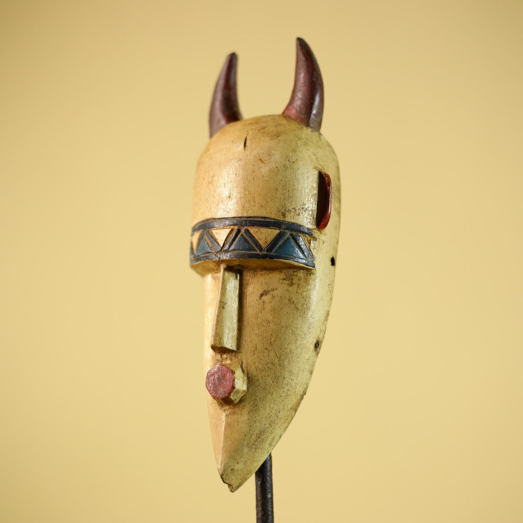 African Horned Tribal Mask Hand Carved Wood Wall Mask Ethnographic Decor-G6324