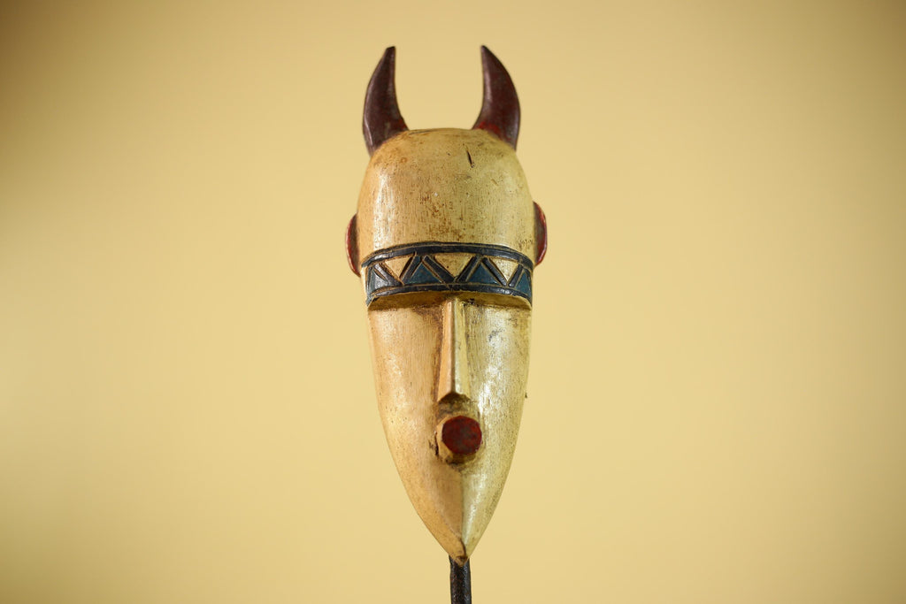 African Horned Tribal Mask Hand Carved Wood Wall Mask Ethnographic Decor-G6324