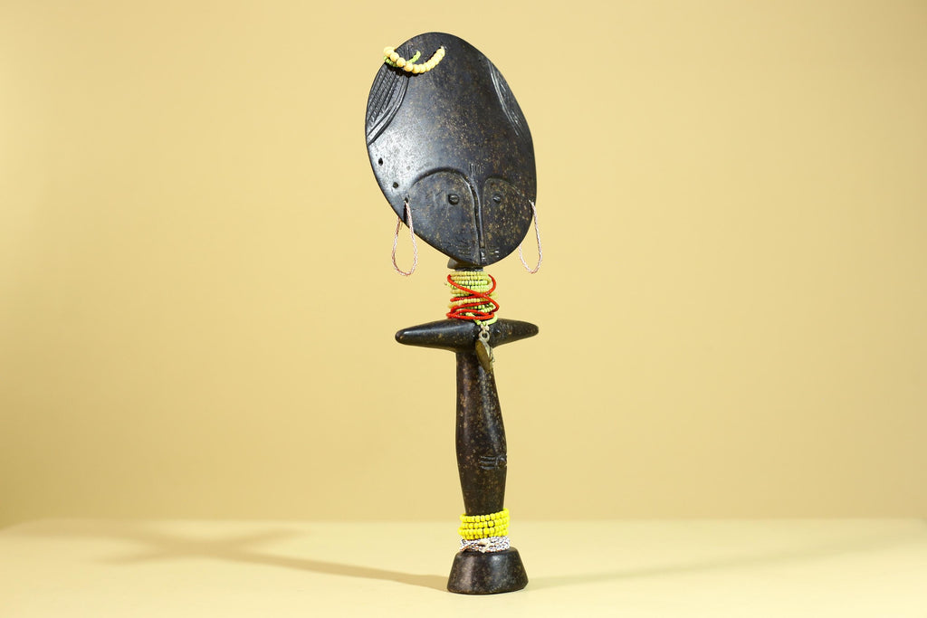 African Fertility Figure Sculpture Hand Carved Wooden Tribal Art With Beads-G6307