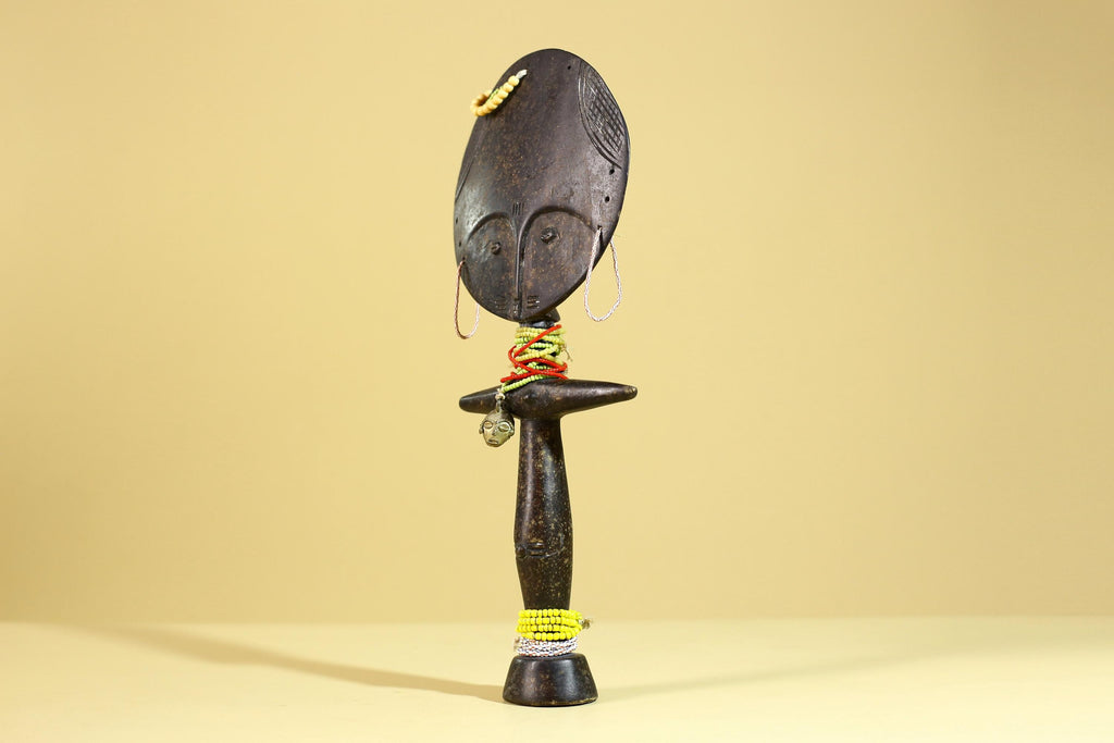African Fertility Figure Sculpture Hand Carved Wooden Tribal Art With Beads-G6307