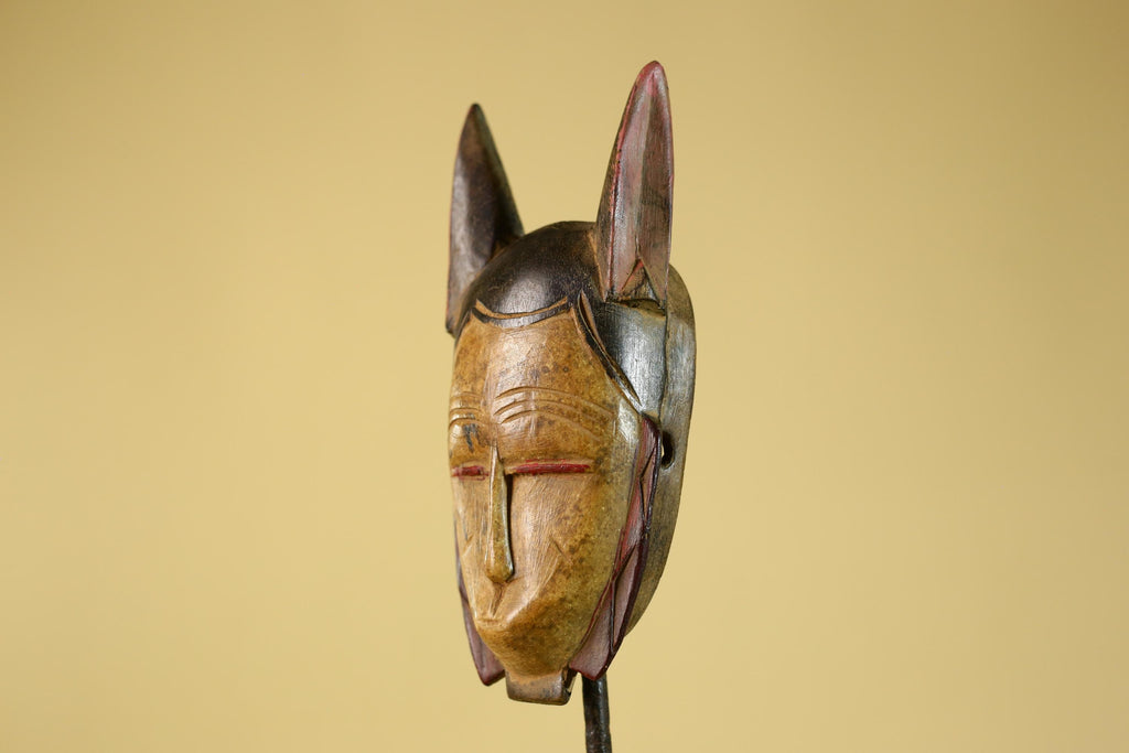 African Baule Style Horned Mask Hand Carved Wood Tribal Wall Art-G5393
