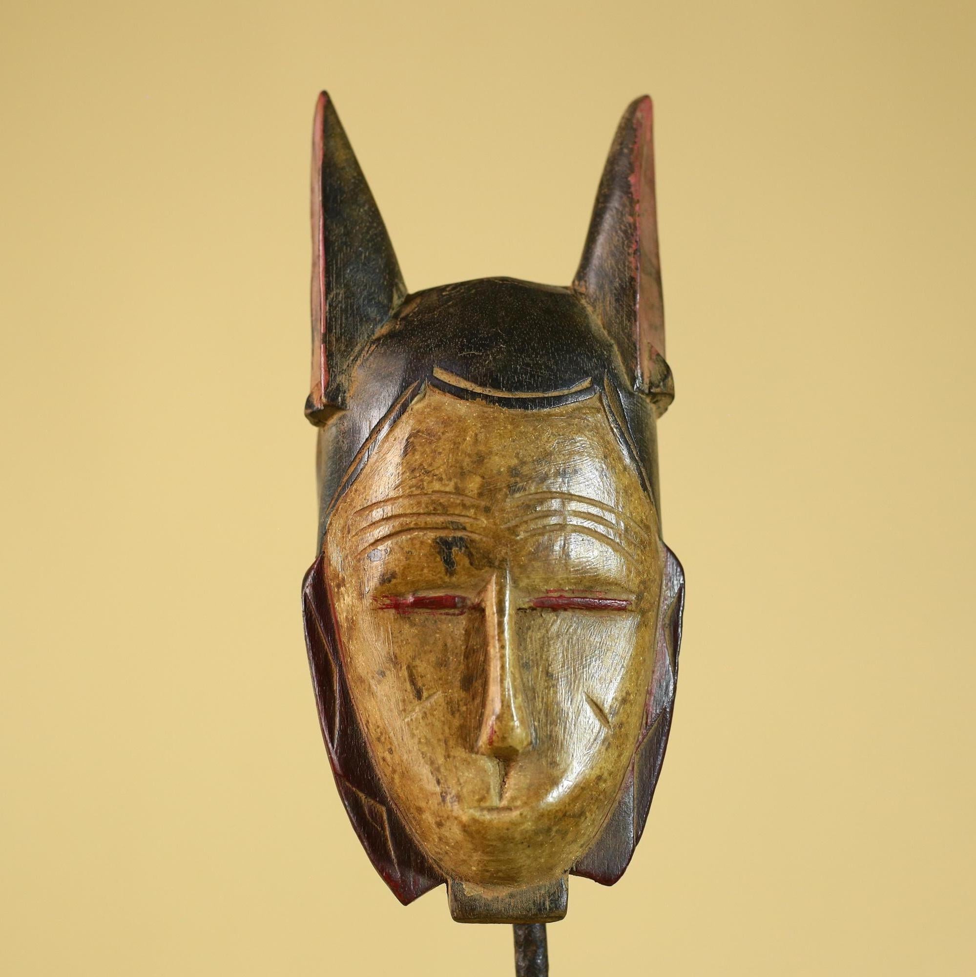African Baule Style Horned Mask Hand Carved Wood Tribal Wall Art-G5393