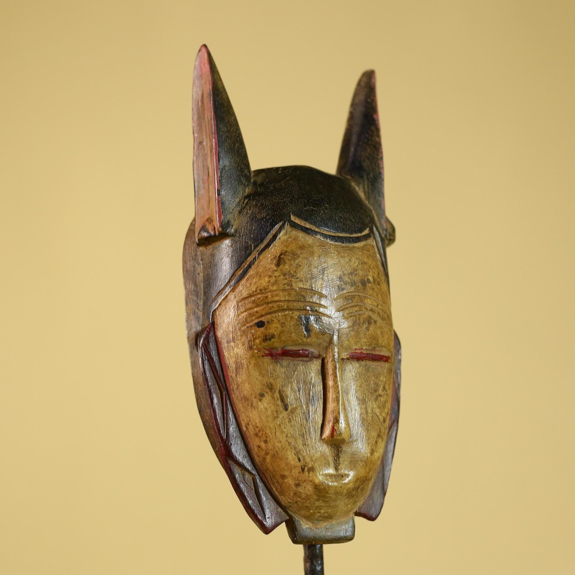African Baule Style Horned Mask Hand Carved Wood Tribal Wall Art-G5393