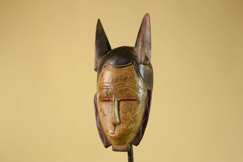 African Baule Style Horned Mask Hand Carved Wood Tribal Wall Art-G5393