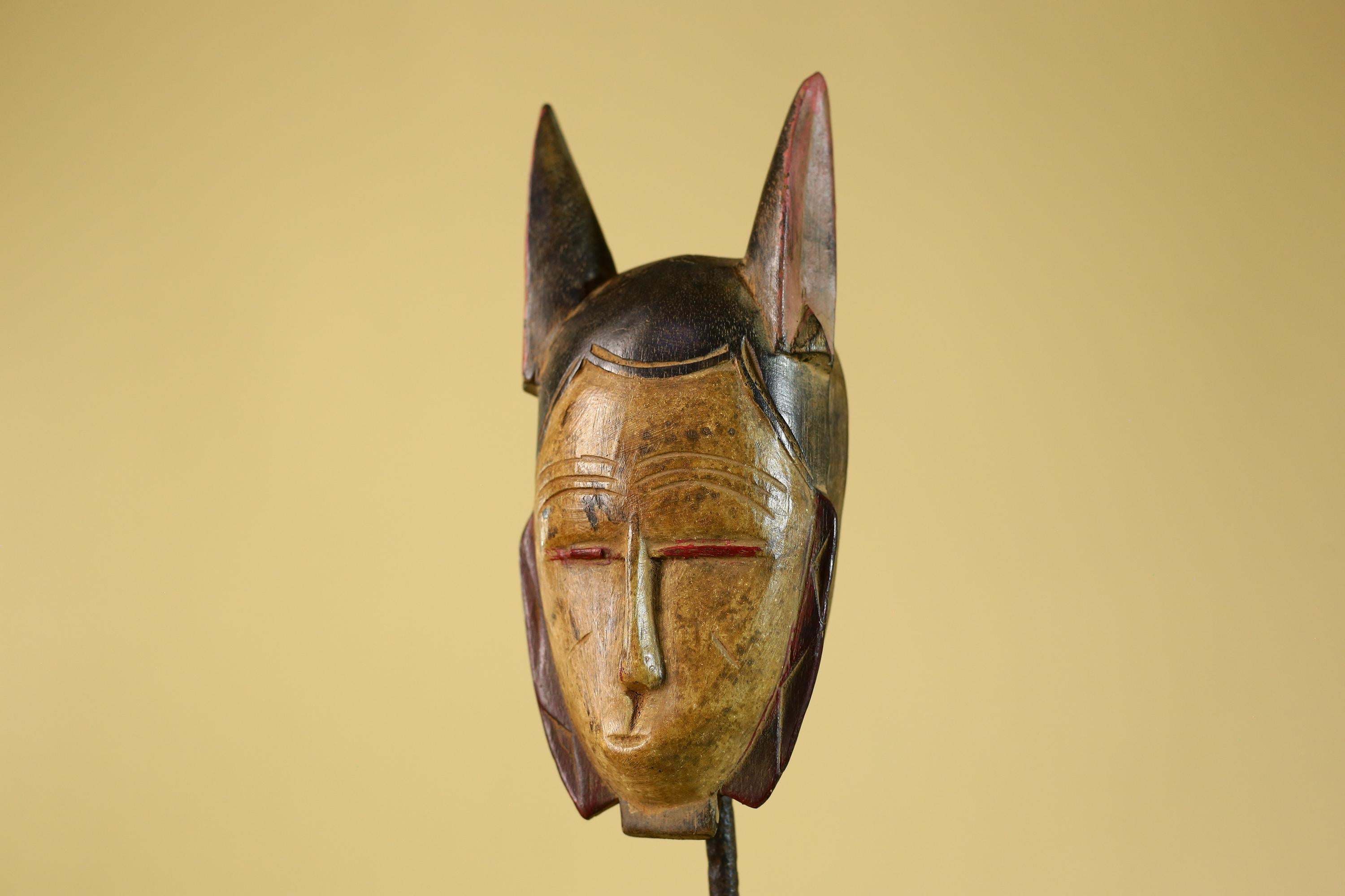 African Baule Style Horned Mask Hand Carved Wood Tribal Wall Art-G5393