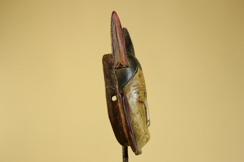 African Baule Style Horned Mask Hand Carved Wood Tribal Wall Art-G5393