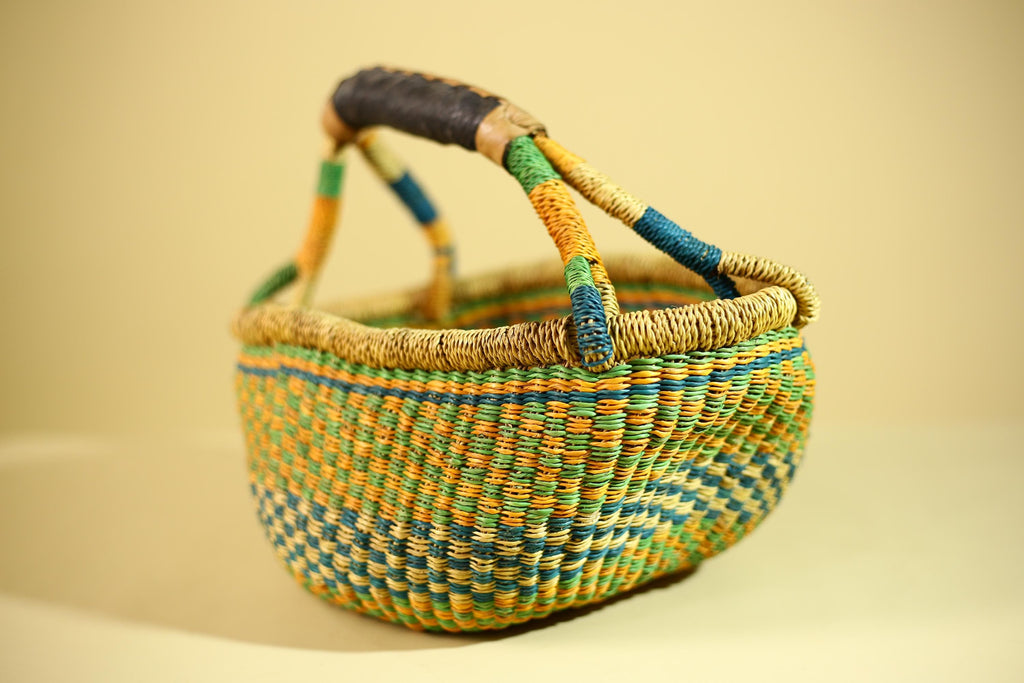 African Bolga Basket Handwoven Grass Market Basket Tribal Storage Decor Ghana-G6319