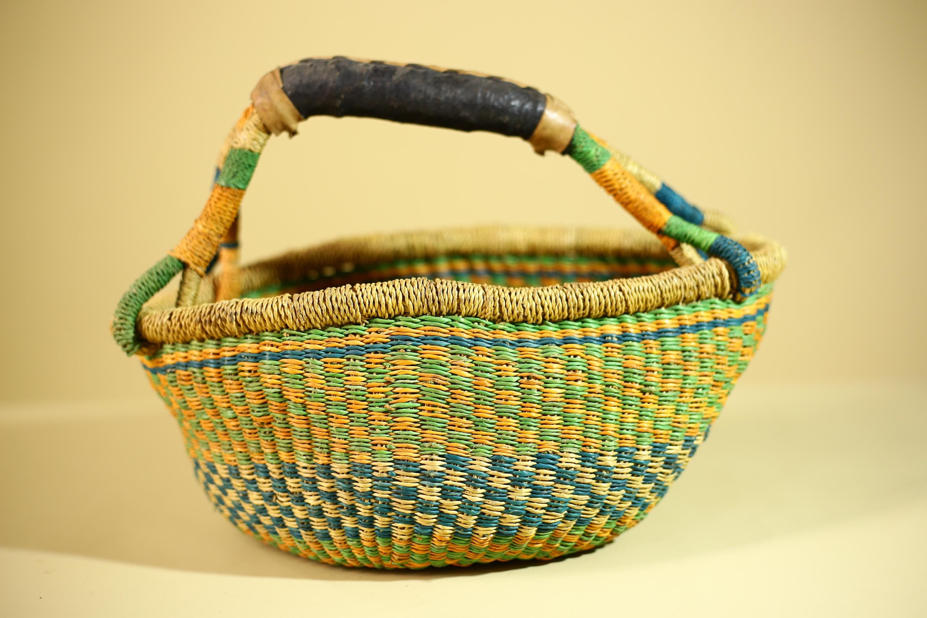 African Bolga Basket Handwoven Grass Market Basket Tribal Storage Decor Ghana-G6319