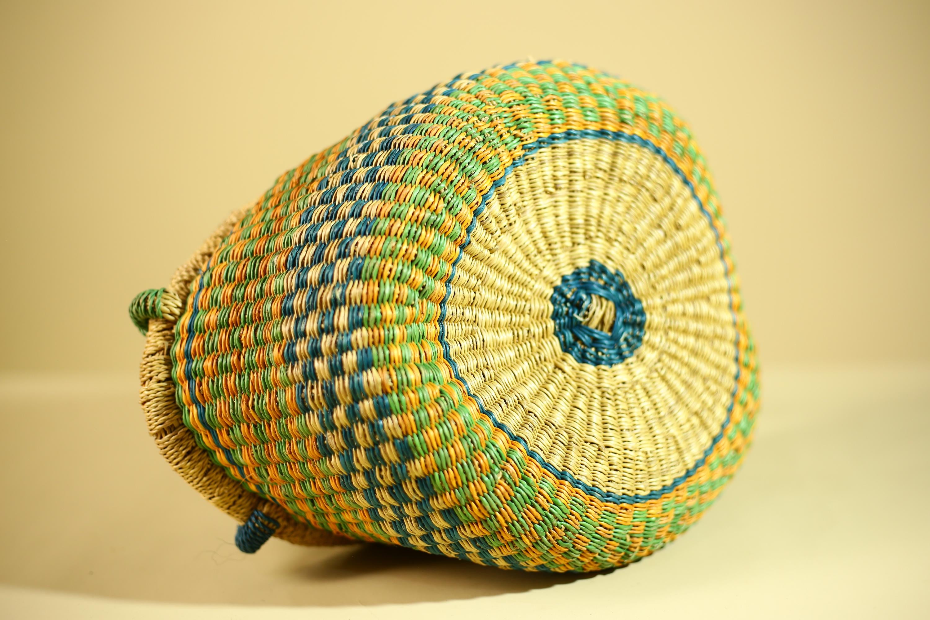 African Bolga Basket Handwoven Grass Market Basket Tribal Storage Decor Ghana-G6319