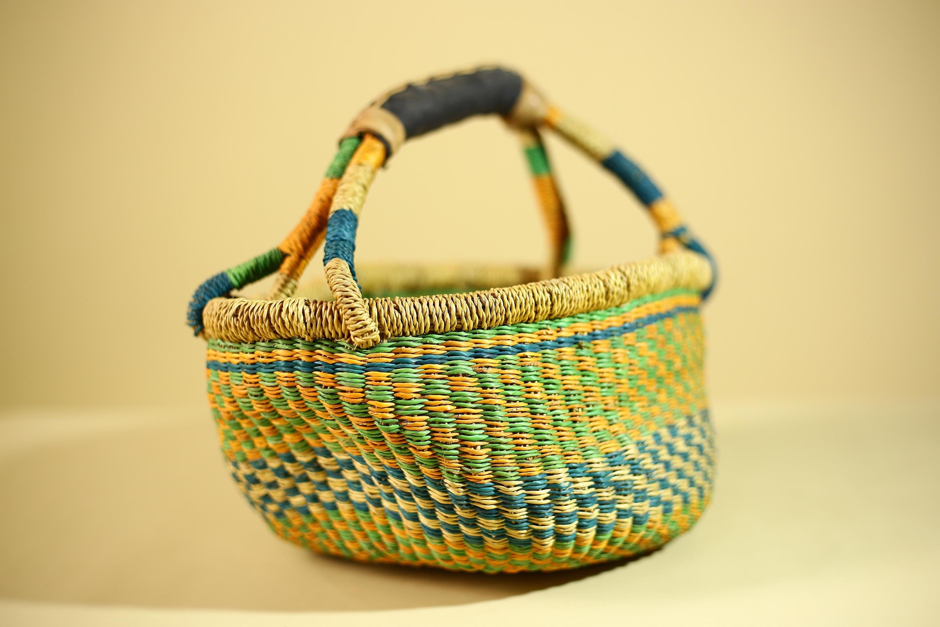 African Bolga Basket Handwoven Grass Market Basket Tribal Storage Decor Ghana-G6319
