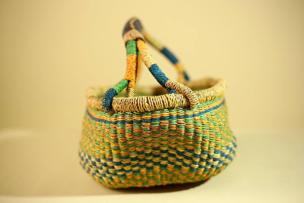 African Bolga Basket Handwoven Grass Market Basket Tribal Storage Decor Ghana-G6319