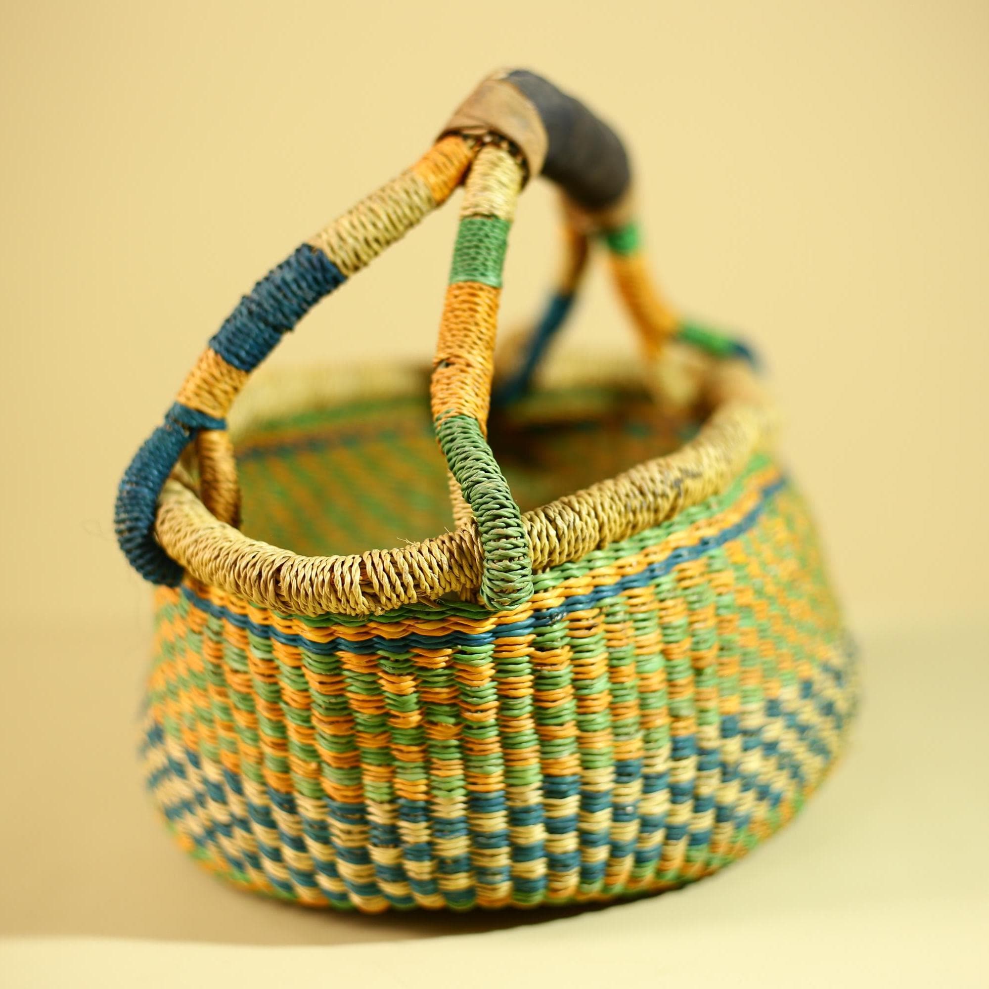 African Bolga Basket Handwoven Grass Market Basket Tribal Storage Decor Ghana-G6319