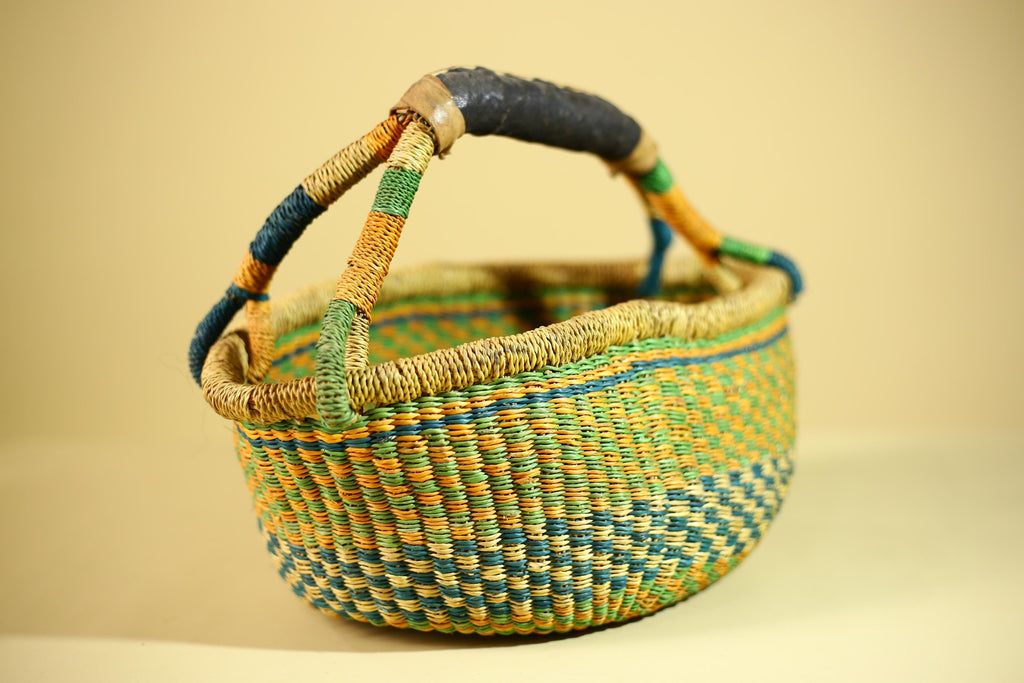 African Bolga Basket Handwoven Grass Market Basket Tribal Storage Decor Ghana-G6319