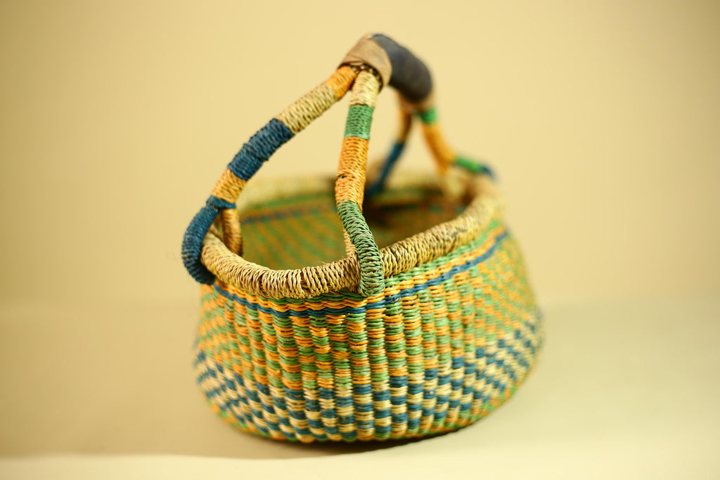 African Bolga Basket Handwoven Grass Market Basket Tribal Storage Decor Ghana-G6319