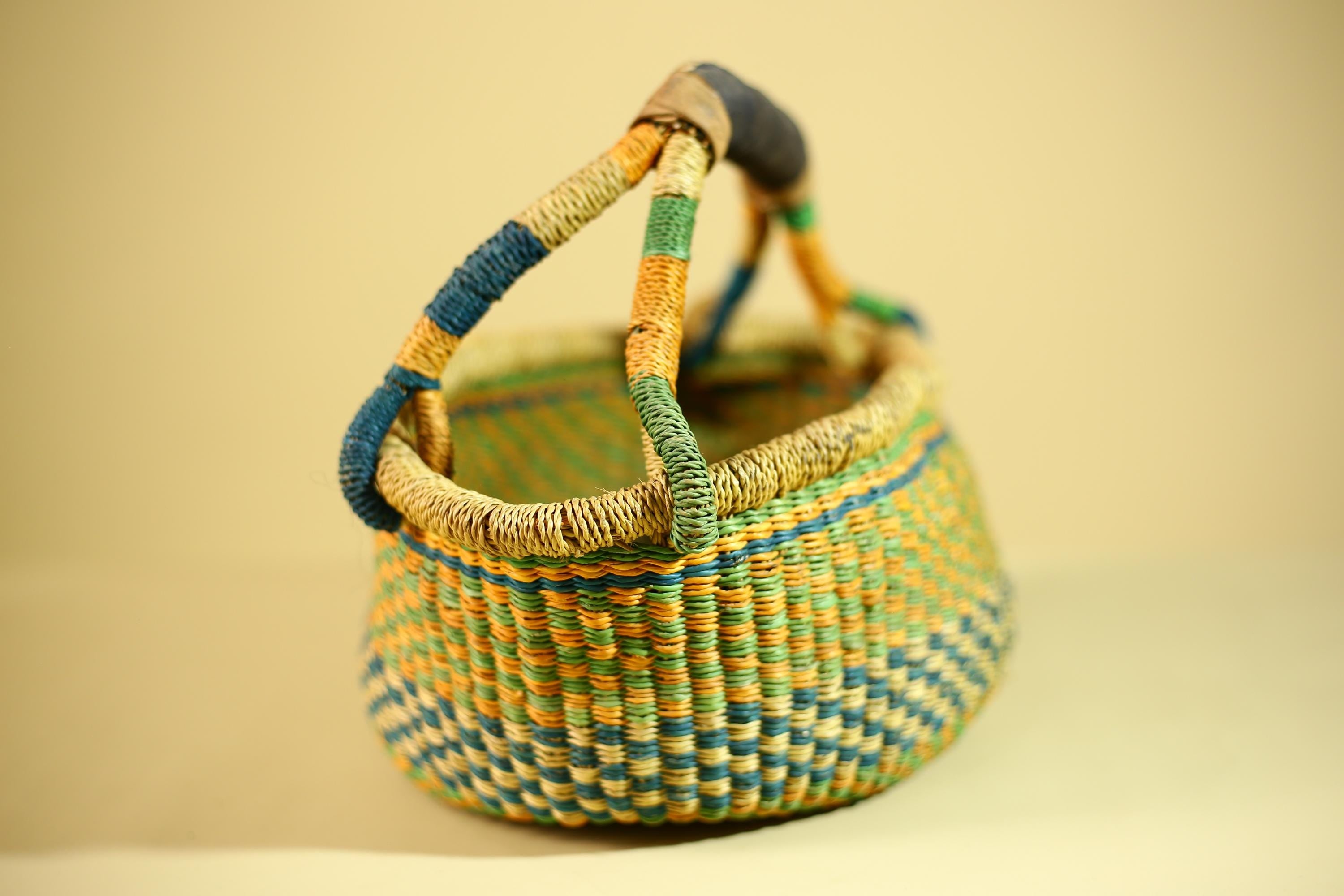 African Bolga Basket Handwoven Grass Market Basket Tribal Storage Decor Ghana-G6319
