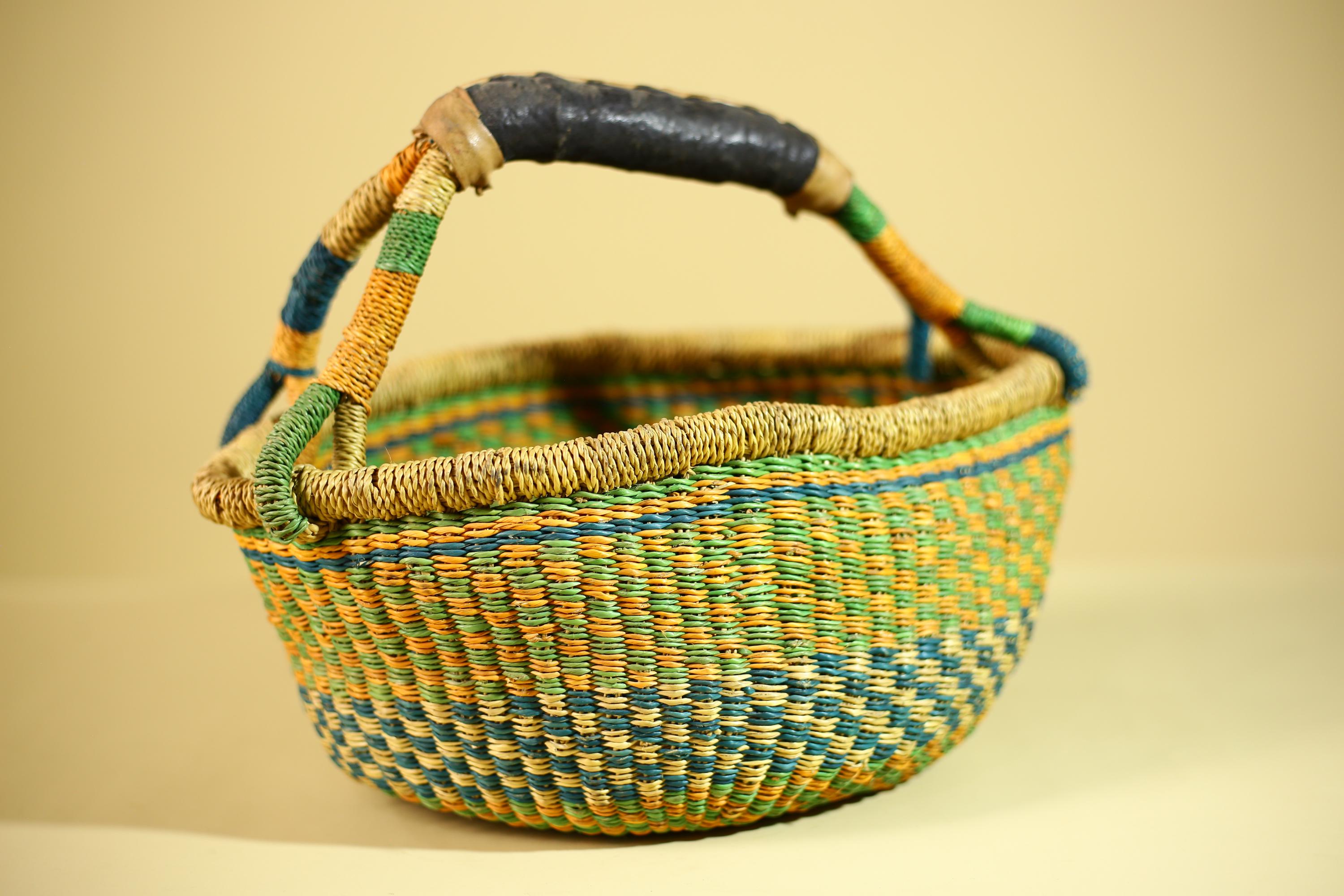 African Bolga Basket Handwoven Grass Market Basket Tribal Storage Decor Ghana-G6319