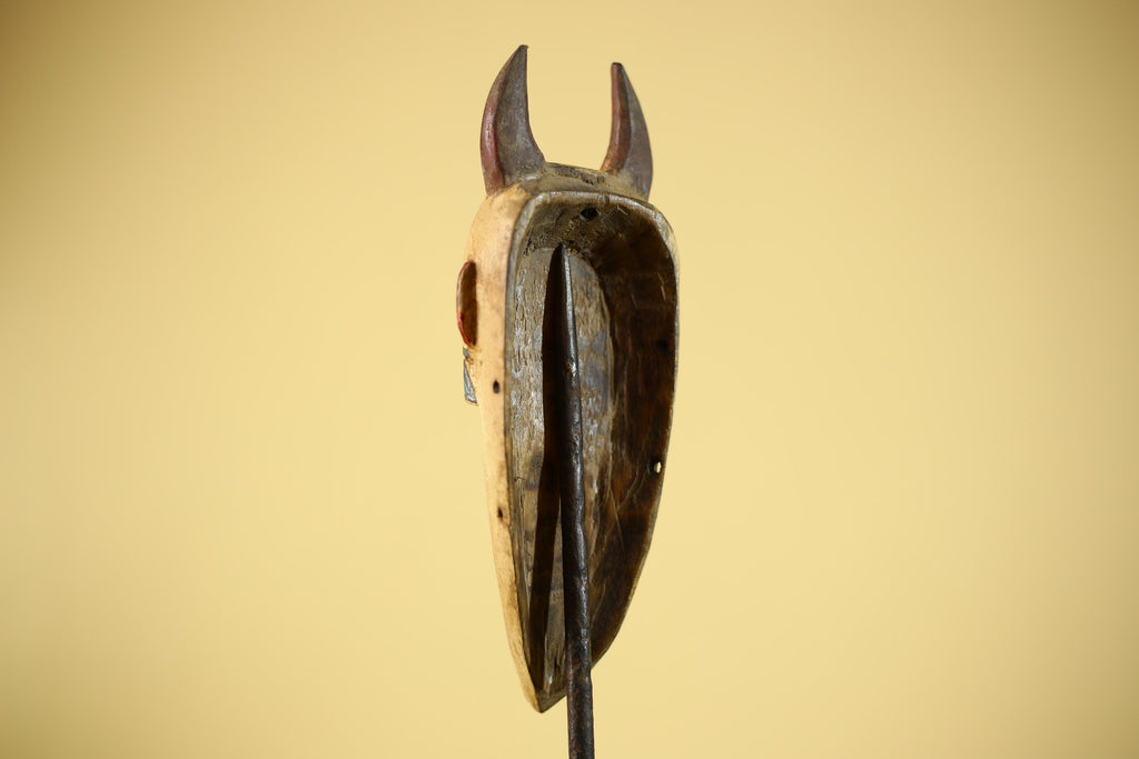 African Horned Tribal Mask Hand Carved Wood Wall Mask Ethnographic Decor-G6324