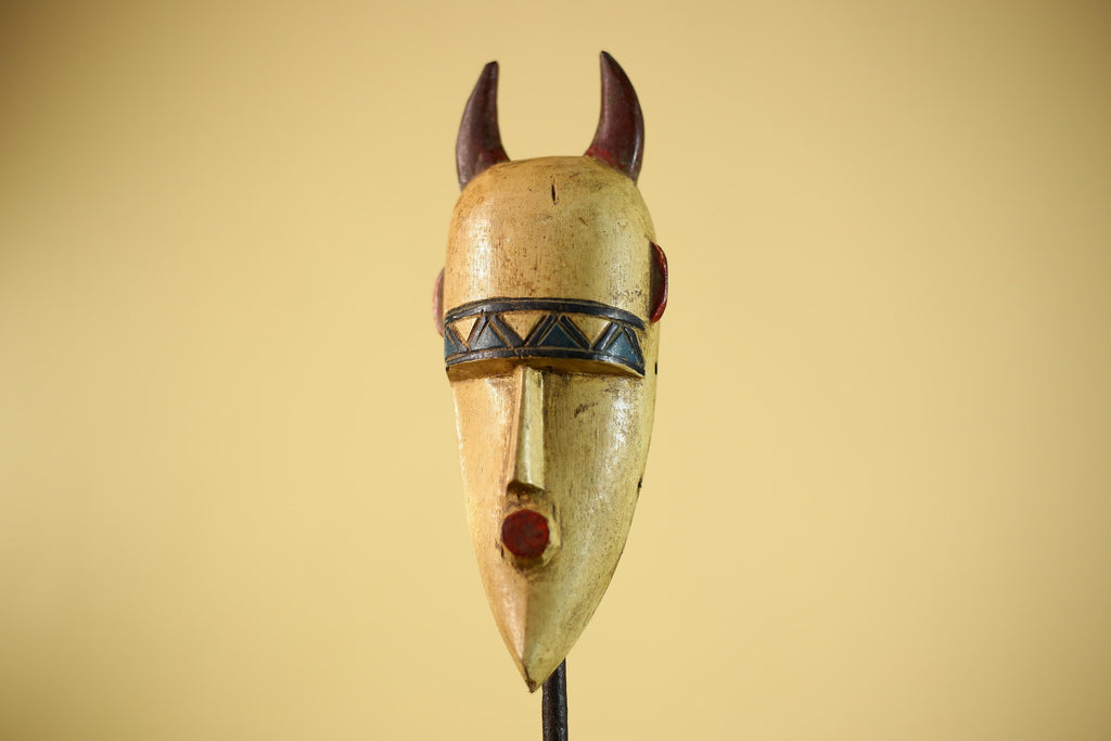 African Horned Tribal Mask Hand Carved Wood Wall Mask Ethnographic Decor-G6324