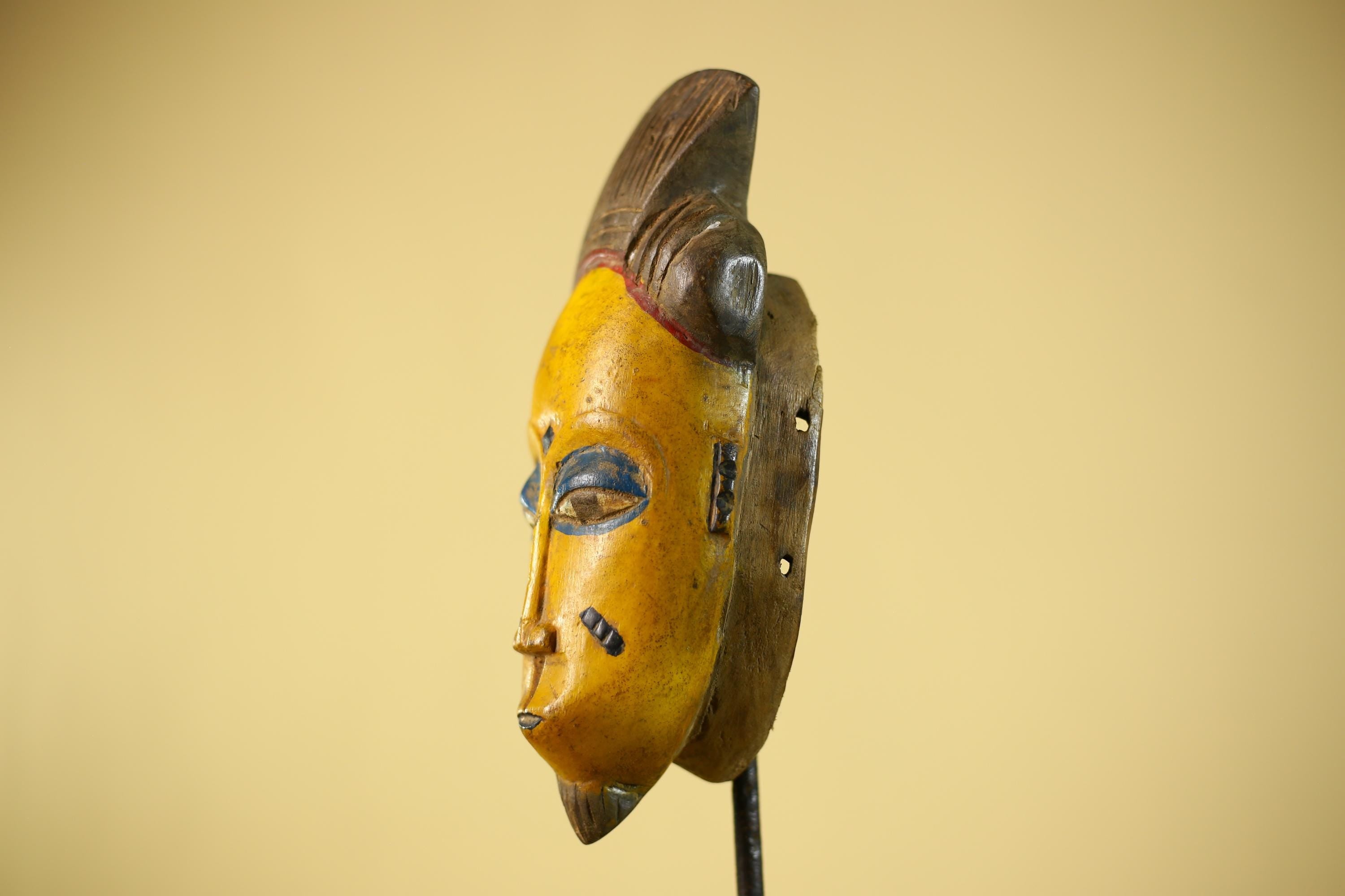 African Baule Style Mask Hand Carved Wood Tribal  Yellow Face Wall Decor -G6333