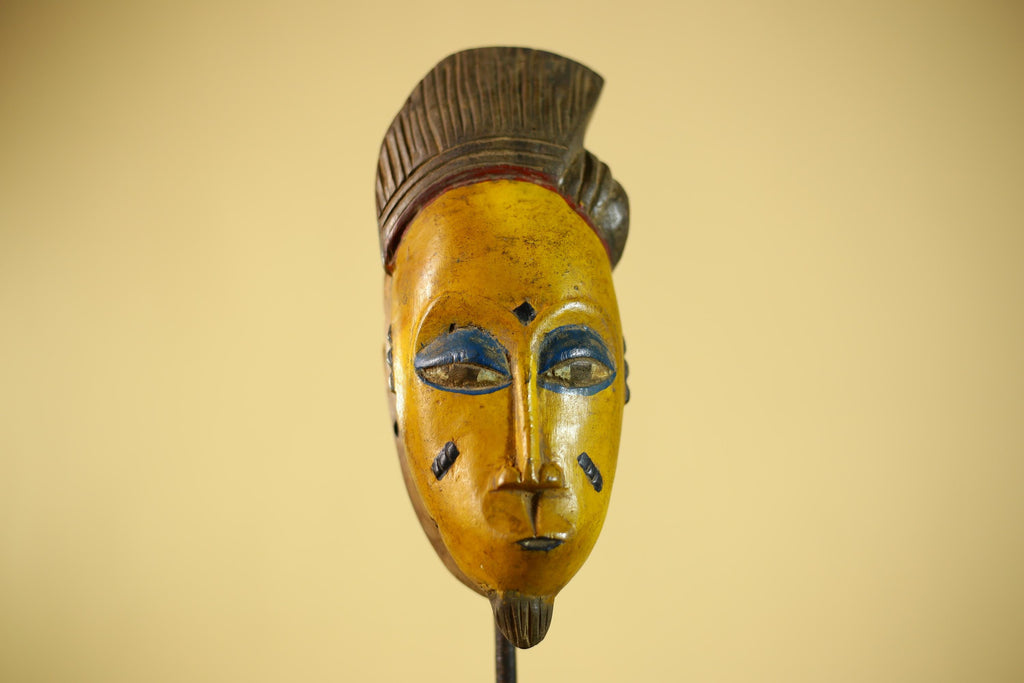 African Baule Style Mask Hand Carved Wood Tribal  Yellow Face Wall Decor -G6333