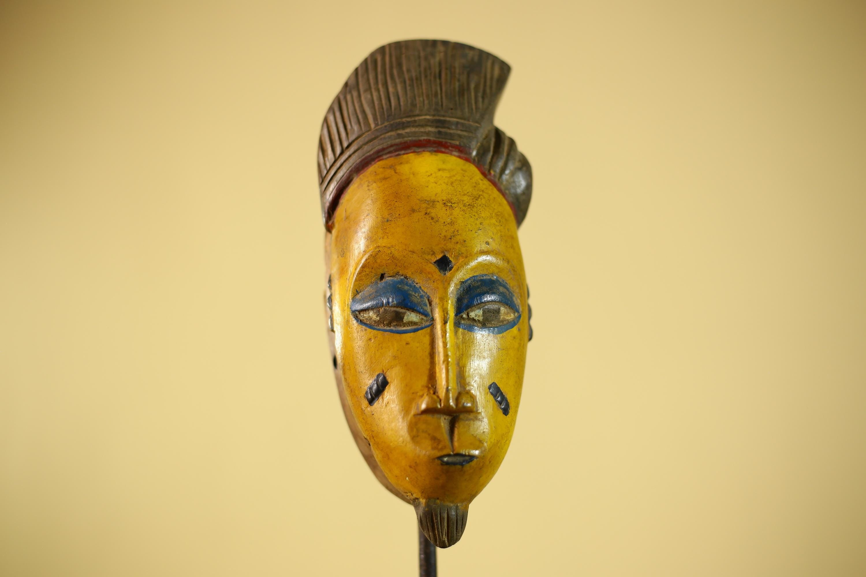 African Baule Style Mask Hand Carved Wood Tribal  Yellow Face Wall Decor -G6333