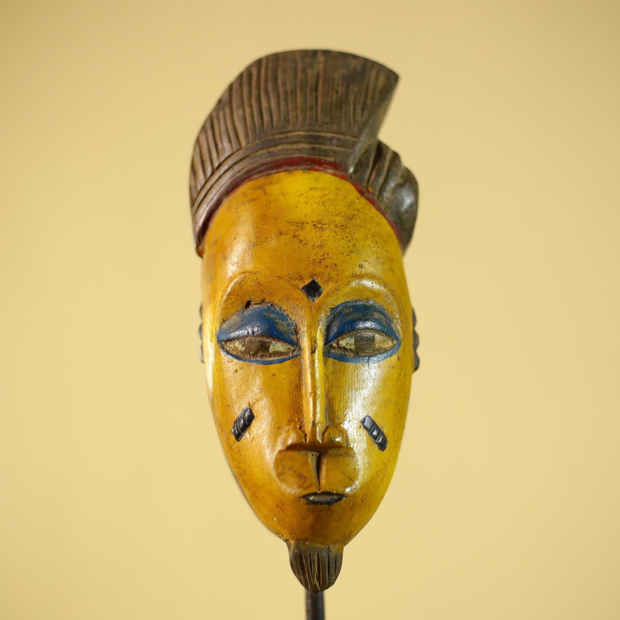 African Baule Style Mask Hand Carved Wood Tribal  Yellow Face Wall Decor -G6333