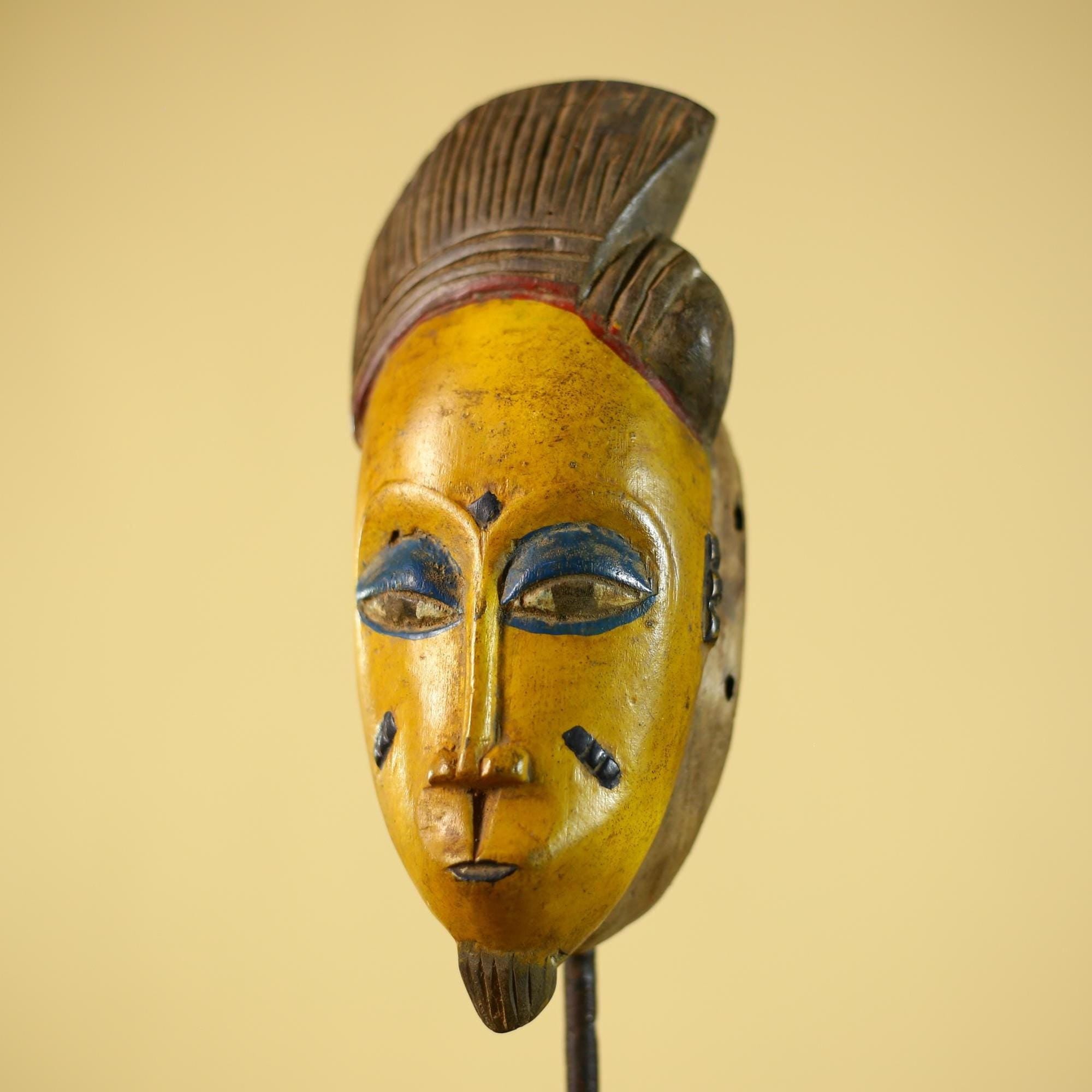 African Baule Style Mask Hand Carved Wood Tribal  Yellow Face Wall Decor -G6333