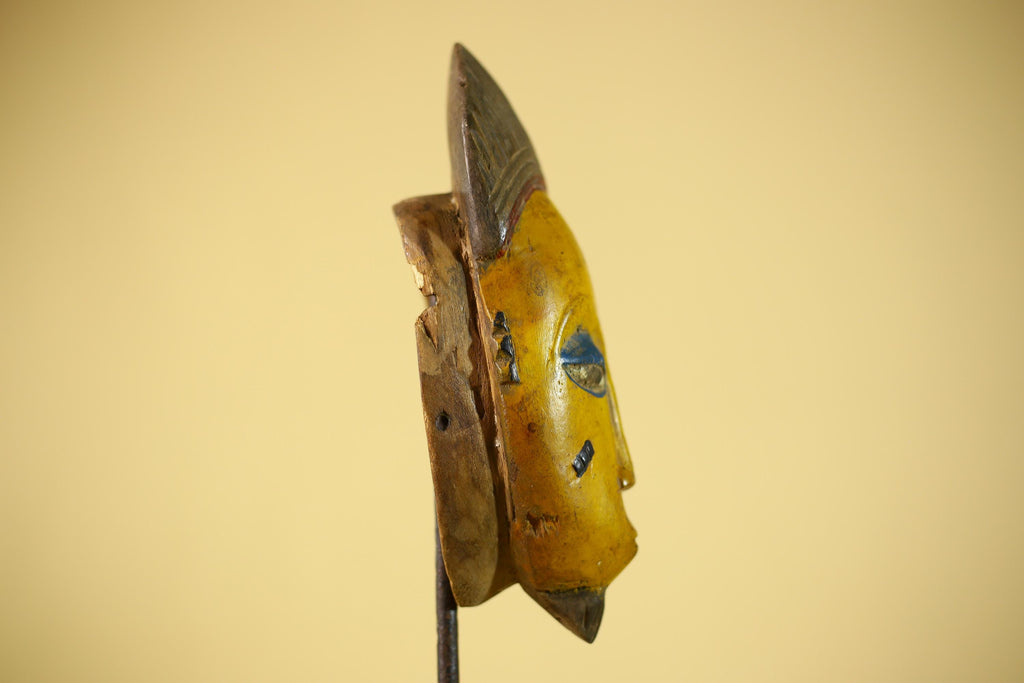 African Baule Style Mask Hand Carved Wood Tribal  Yellow Face Wall Decor -G6333