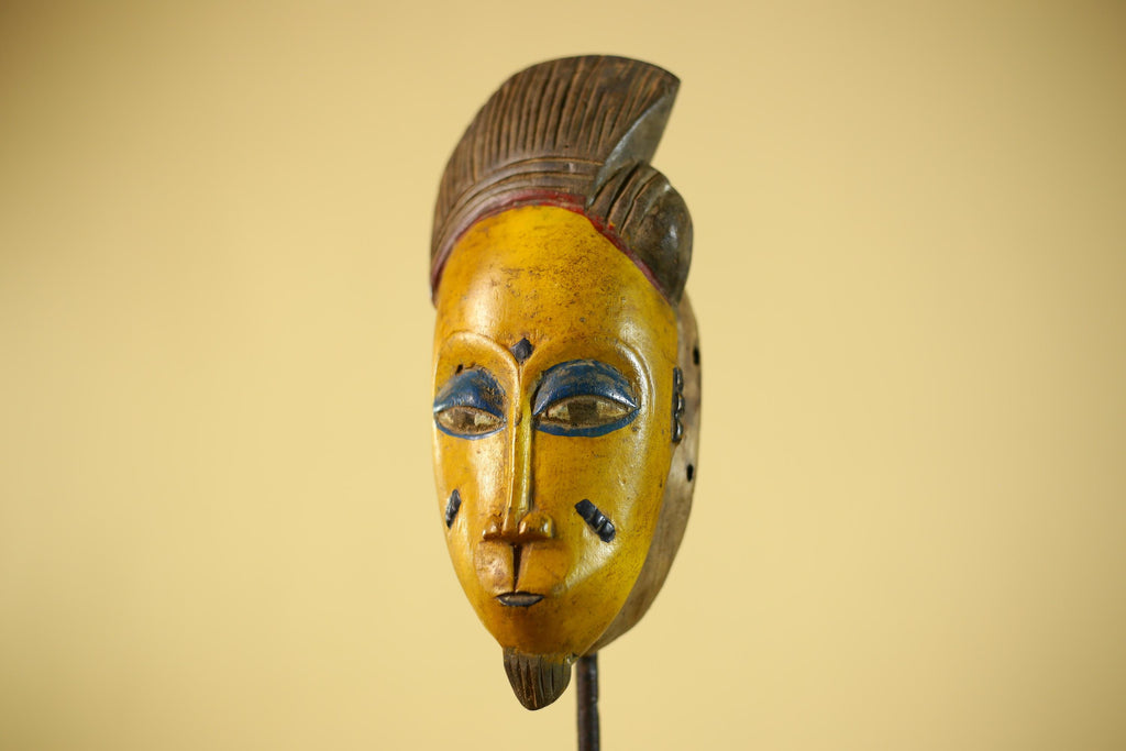 African Baule Style Mask Hand Carved Wood Tribal  Yellow Face Wall Decor -G6333