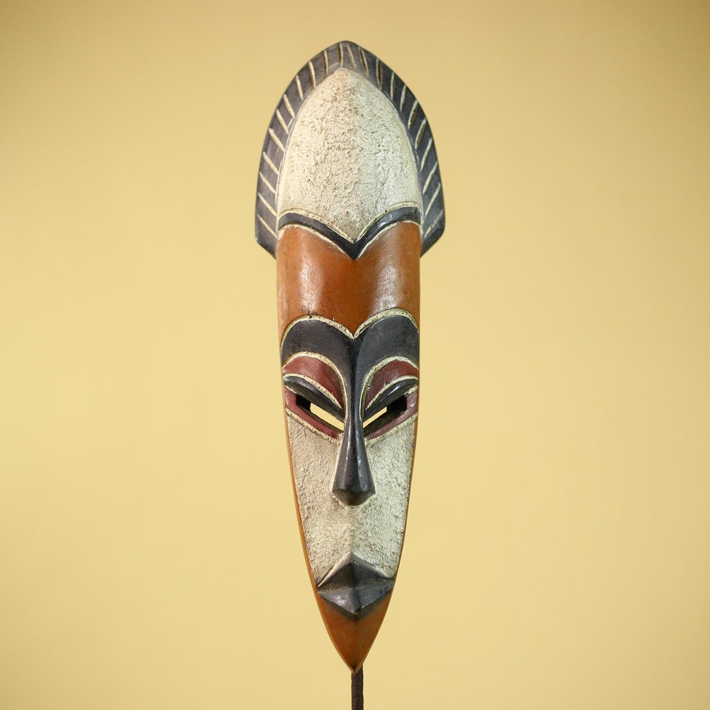 African Wooden Mask Long Face Hand Carved Tribal Wall Decor Sculpture-G6335