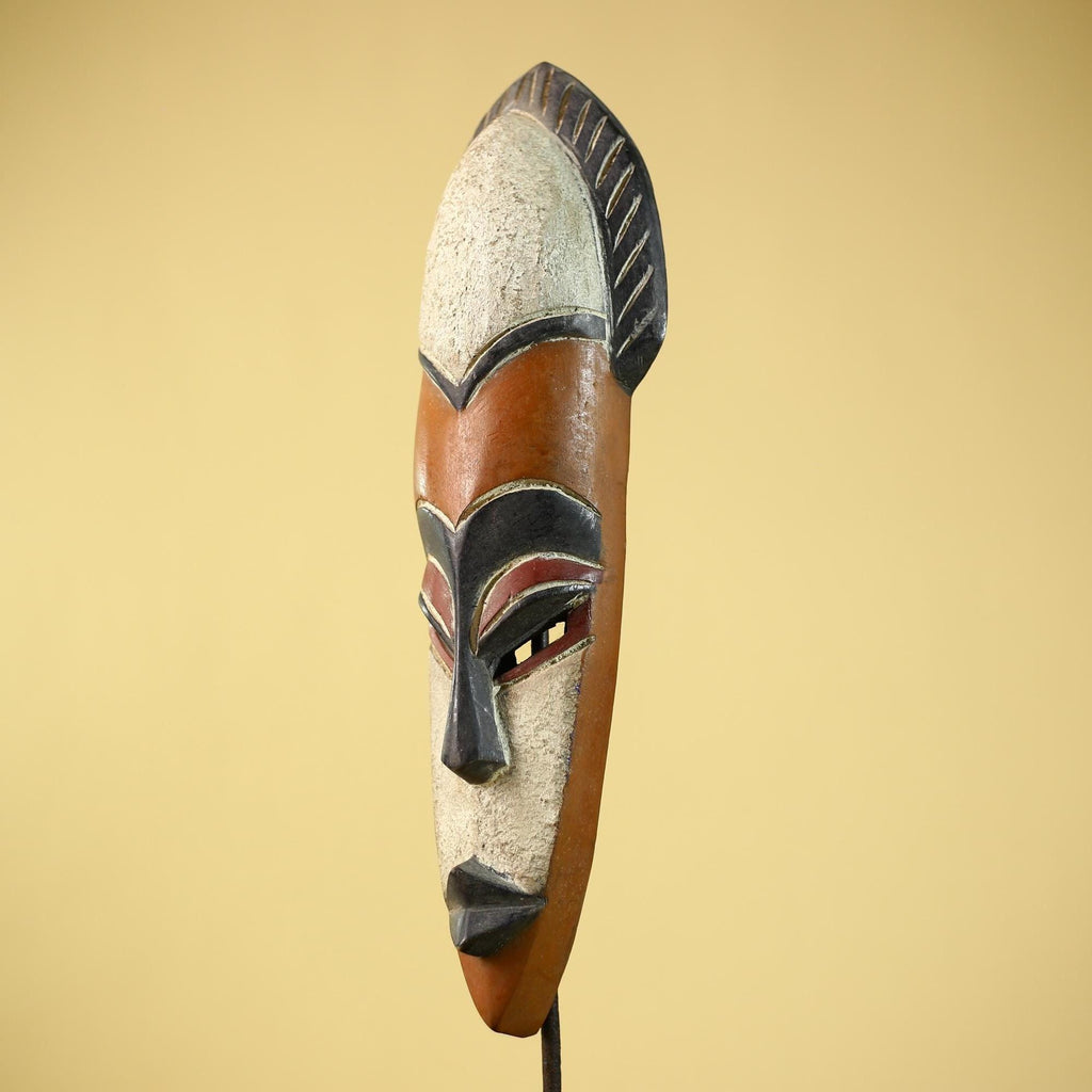 African Wooden Mask Long Face Hand Carved Tribal Wall Decor Sculpture-G6335