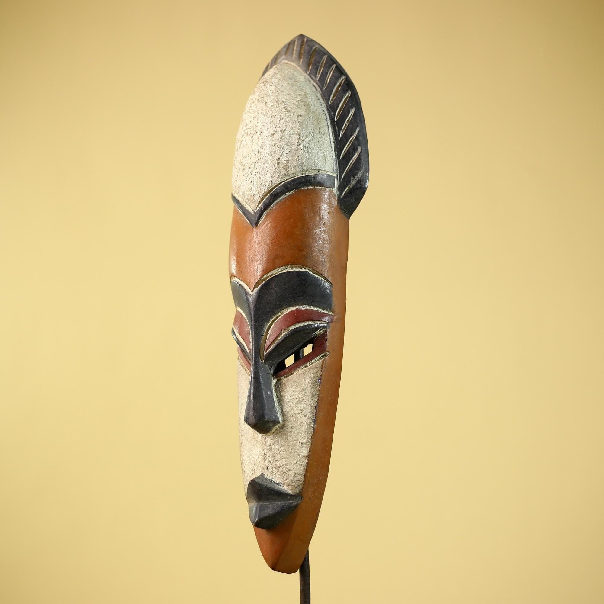 African Wooden Mask Long Face Hand Carved Tribal Wall Decor Sculpture-G6335