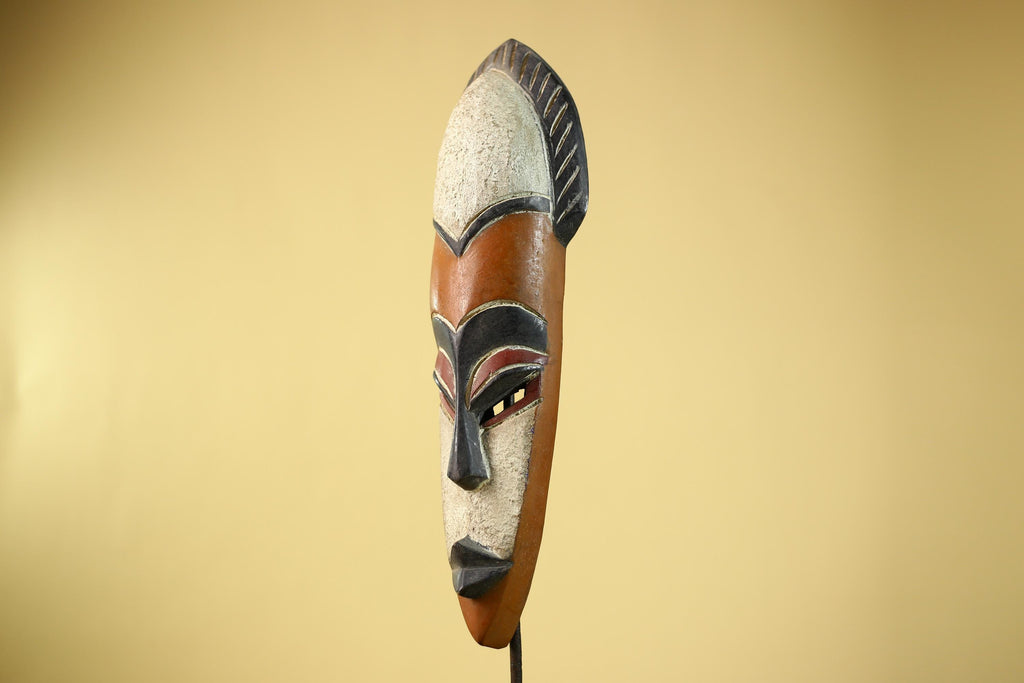 African Wooden Mask Long Face Hand Carved Tribal Wall Decor Sculpture-G6335