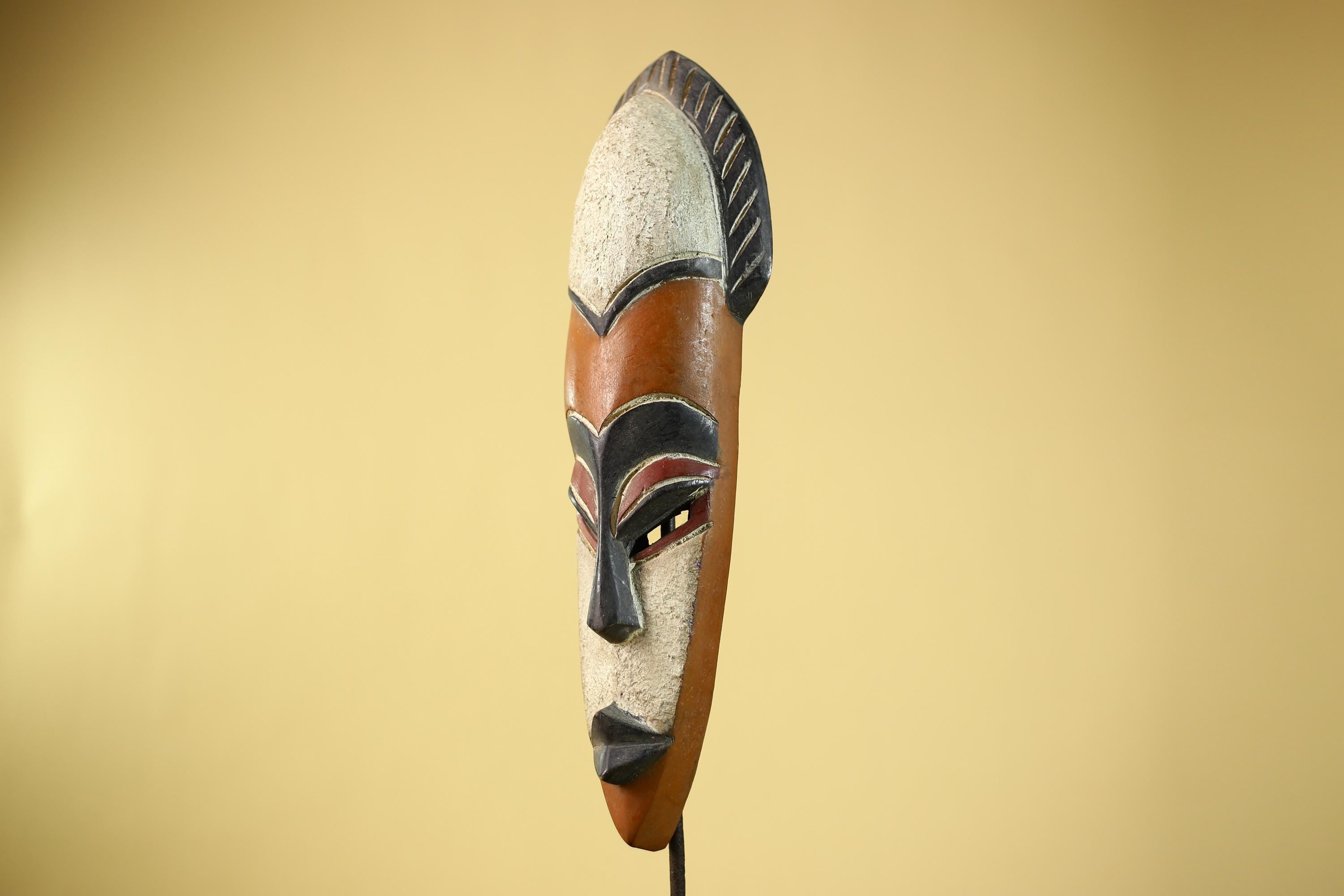 African Wooden Mask Long Face Hand Carved Tribal Wall Decor Sculpture-G6335