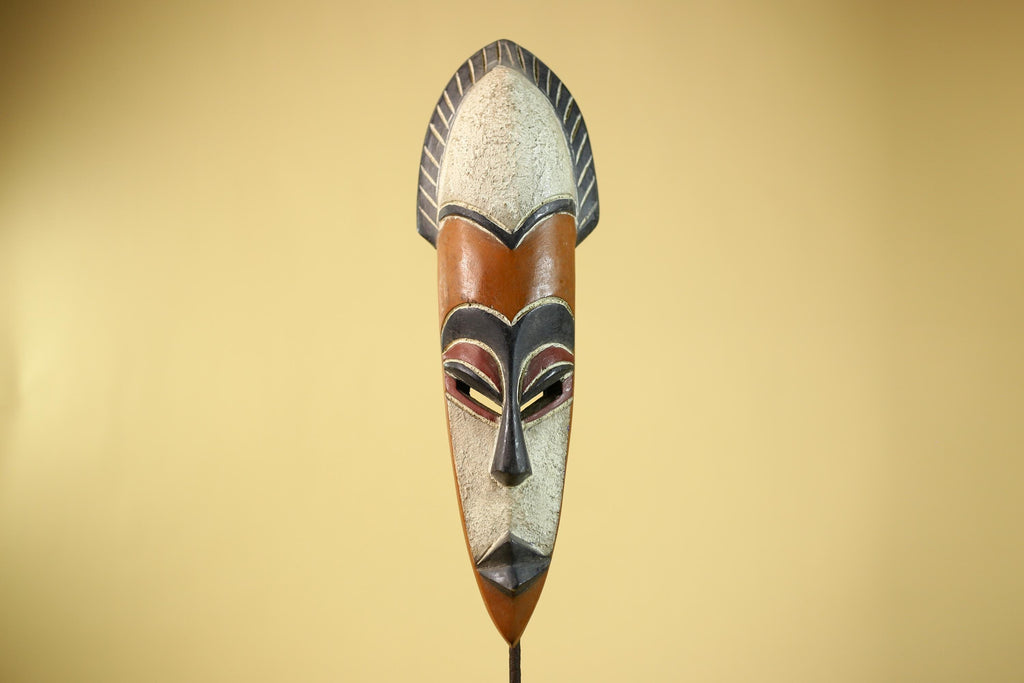 African Wooden Mask Long Face Hand Carved Tribal Wall Decor Sculpture-G6335