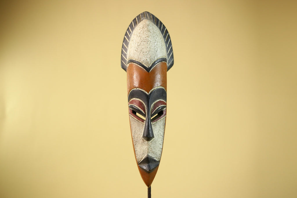 African Wooden Mask Long Face Hand Carved Tribal Wall Decor Sculpture-G6335