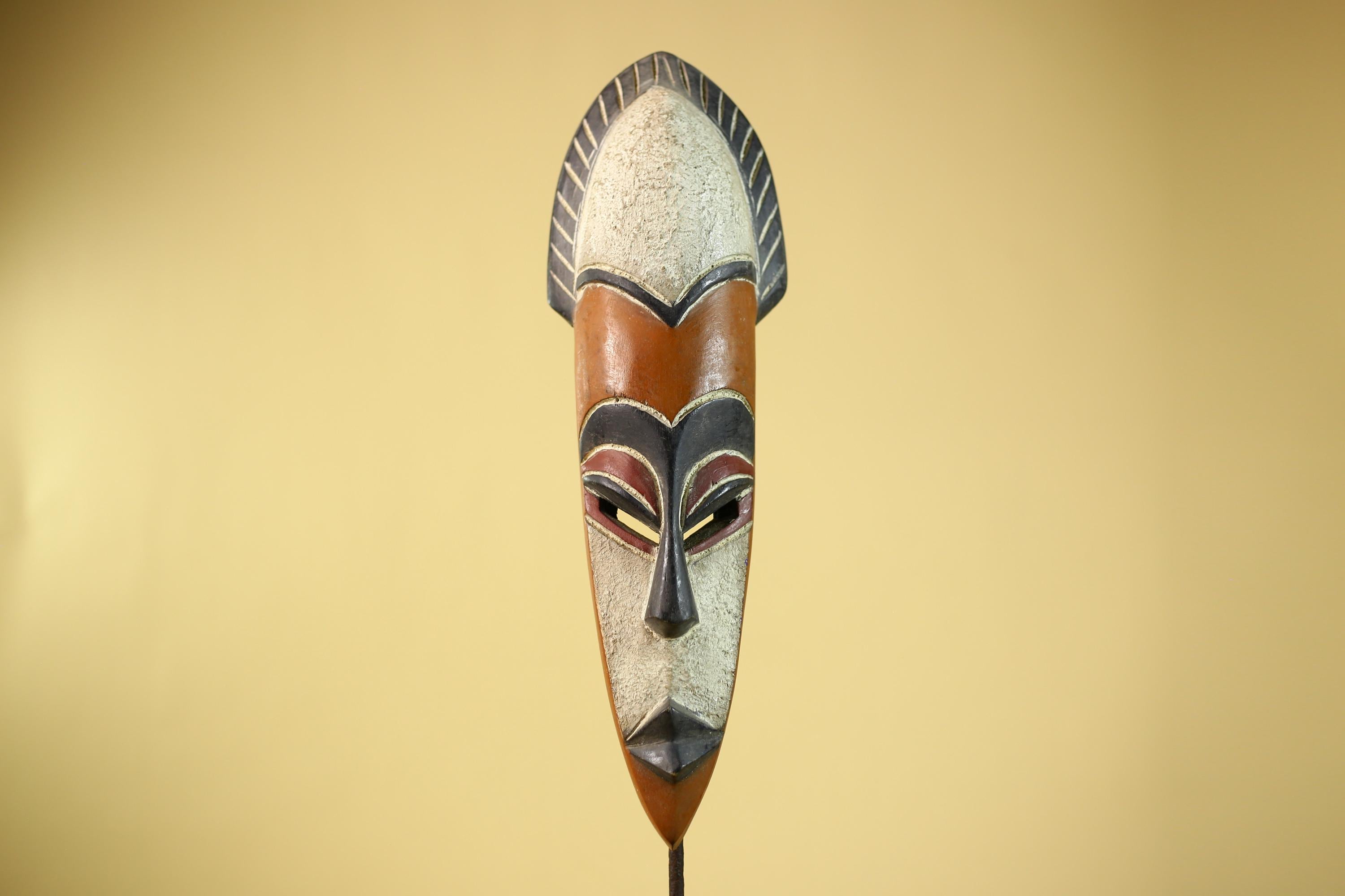 African Wooden Mask Long Face Hand Carved Tribal Wall Decor Sculpture-G6335