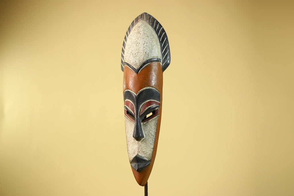 African Wooden Mask Long Face Hand Carved Tribal Wall Decor Sculpture-G6335