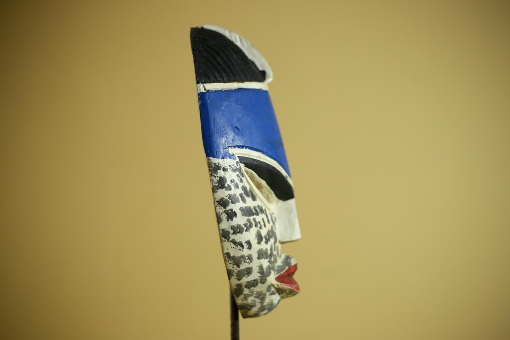 Hand Carved African Mask Blue White Tribal Face Wall Art Decor -G6339