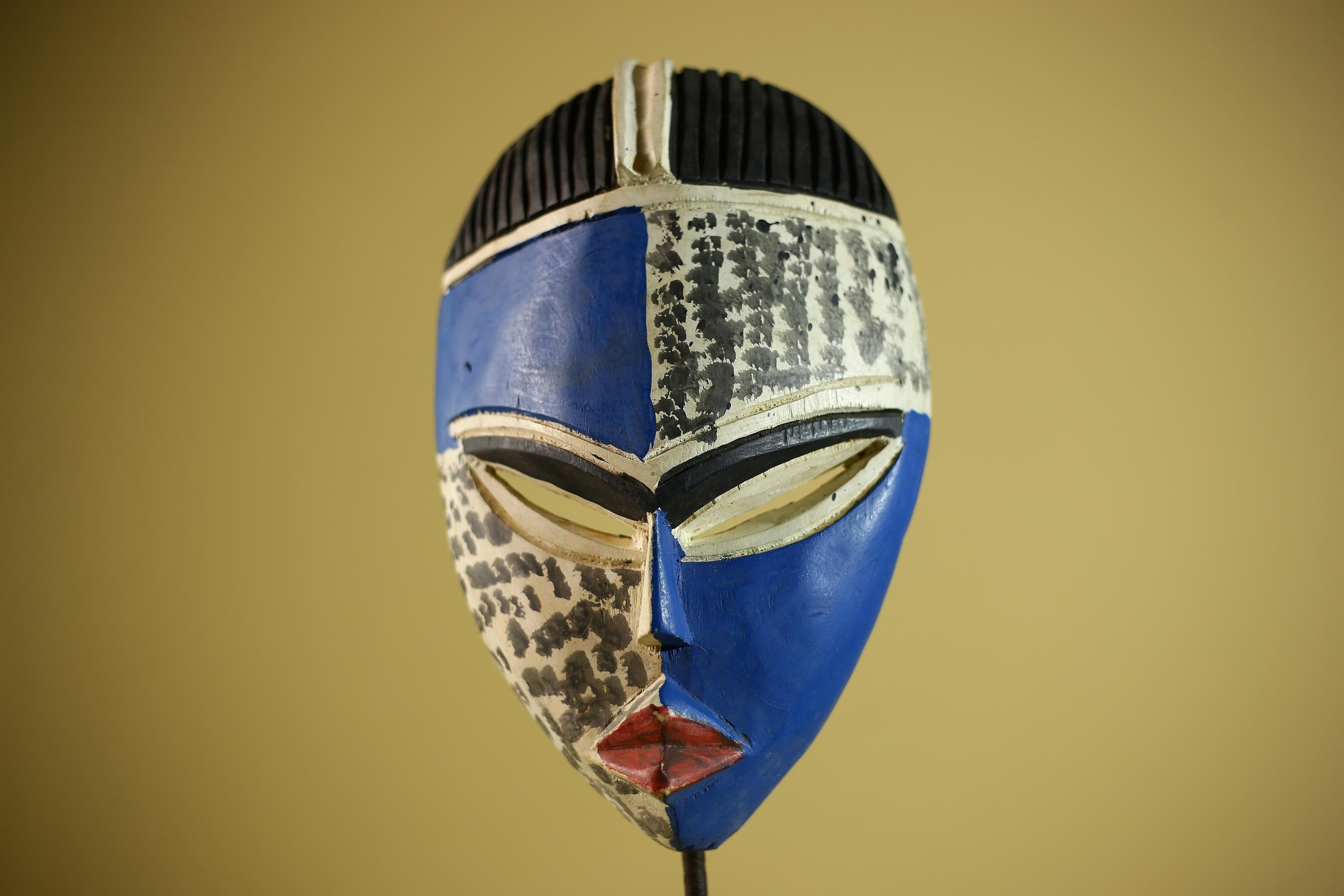 Hand Carved African Mask Blue White Tribal Face Wall Art Decor -G6339