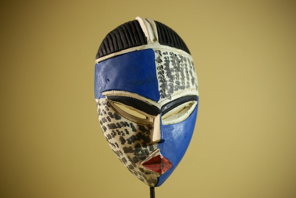 Hand Carved African Mask Blue White Tribal Face Wall Art Decor -G6339