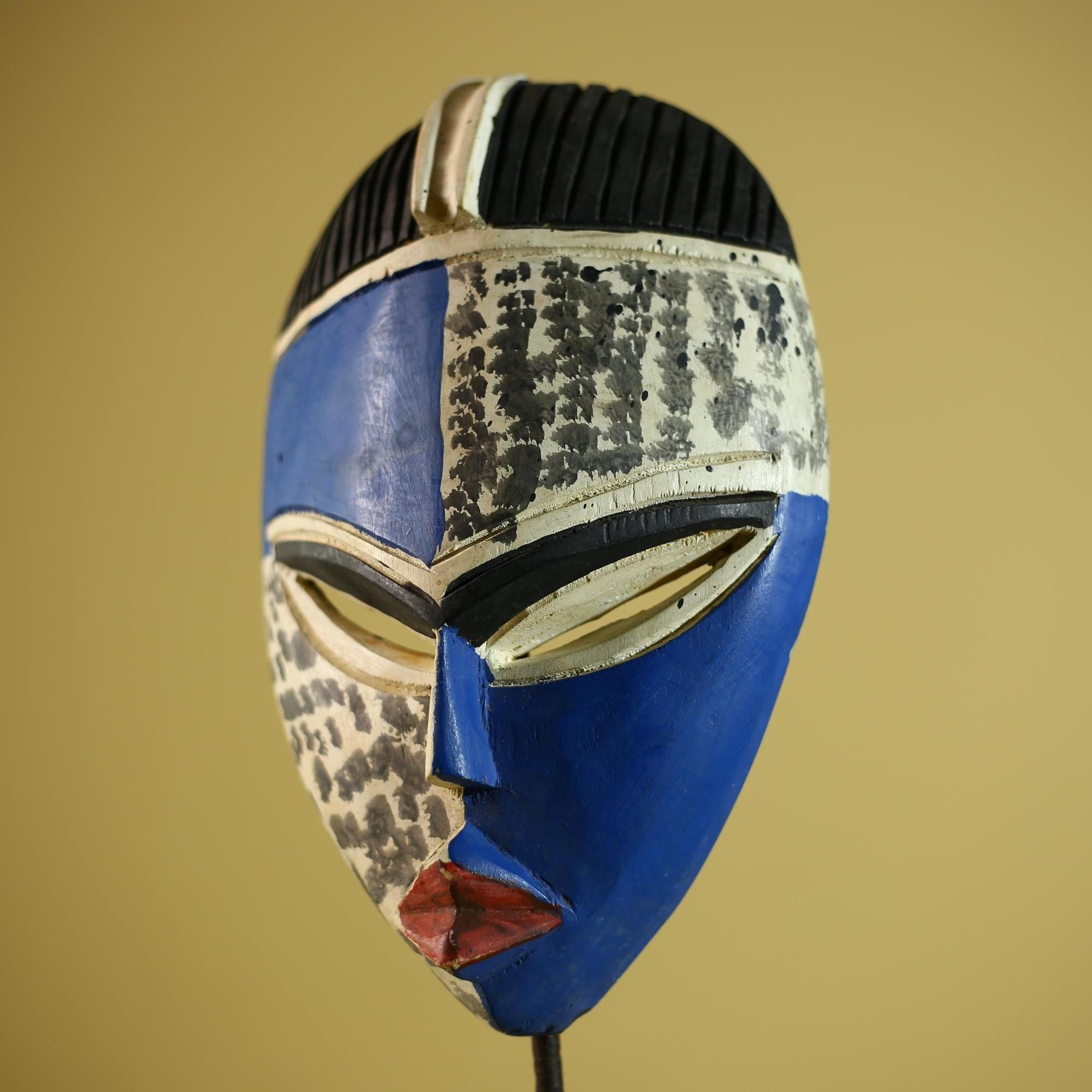 Hand Carved African Mask Blue White Tribal Face Wall Art Decor -G6339