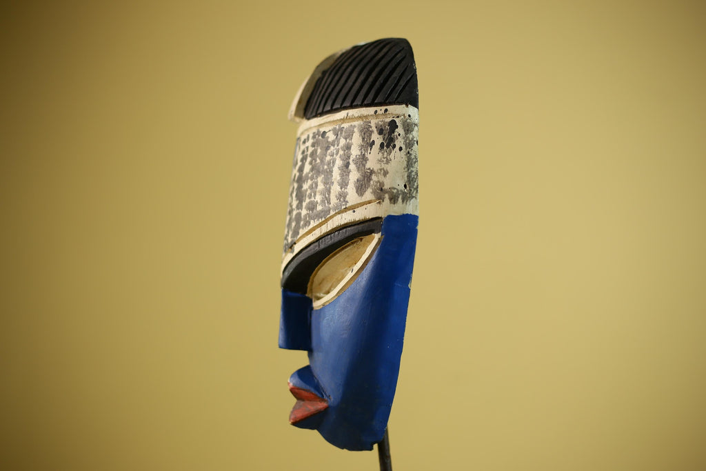 Hand Carved African Mask Blue White Tribal Face Wall Art Decor -G6339