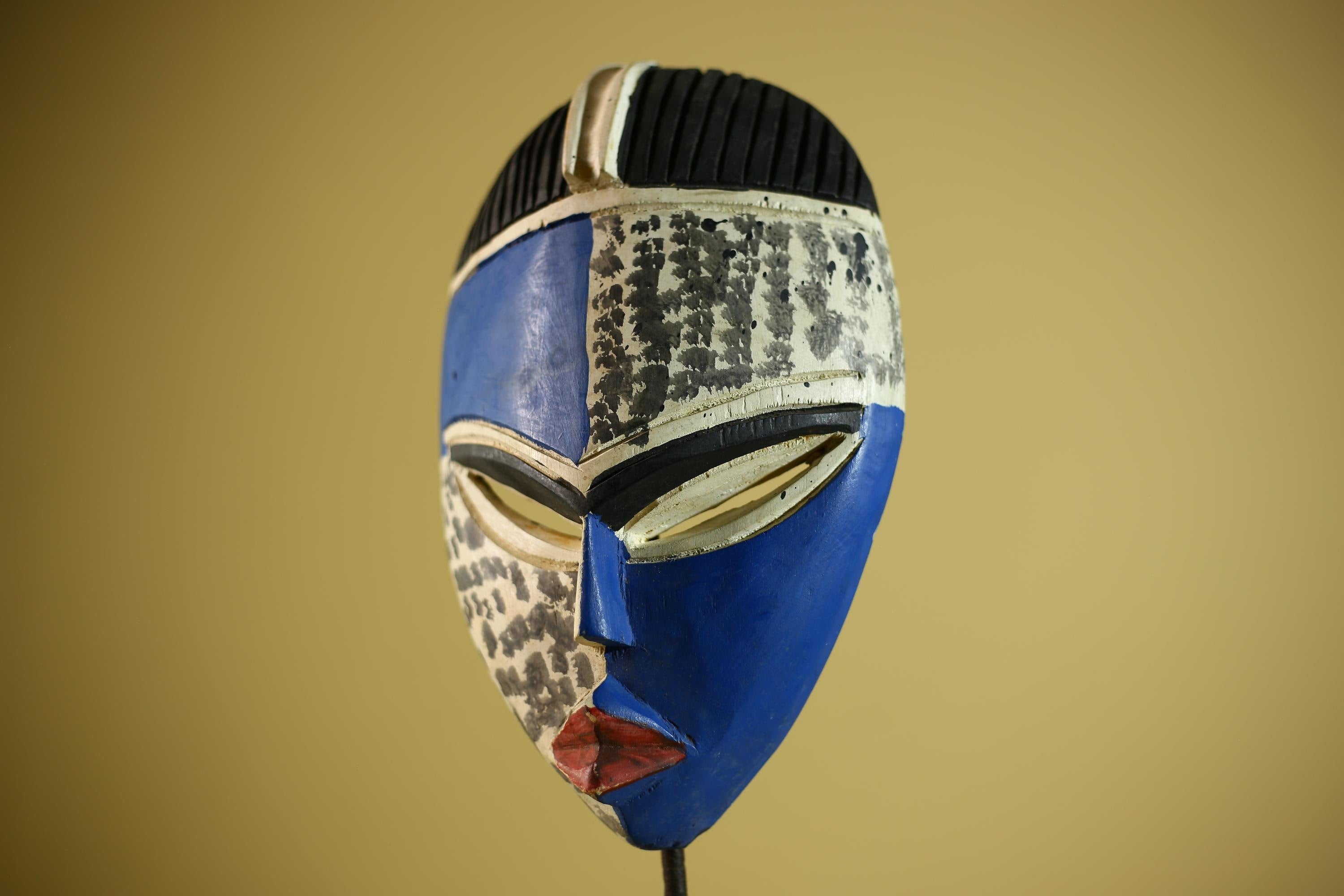 Hand Carved African Mask Blue White Tribal Face Wall Art Decor -G6339