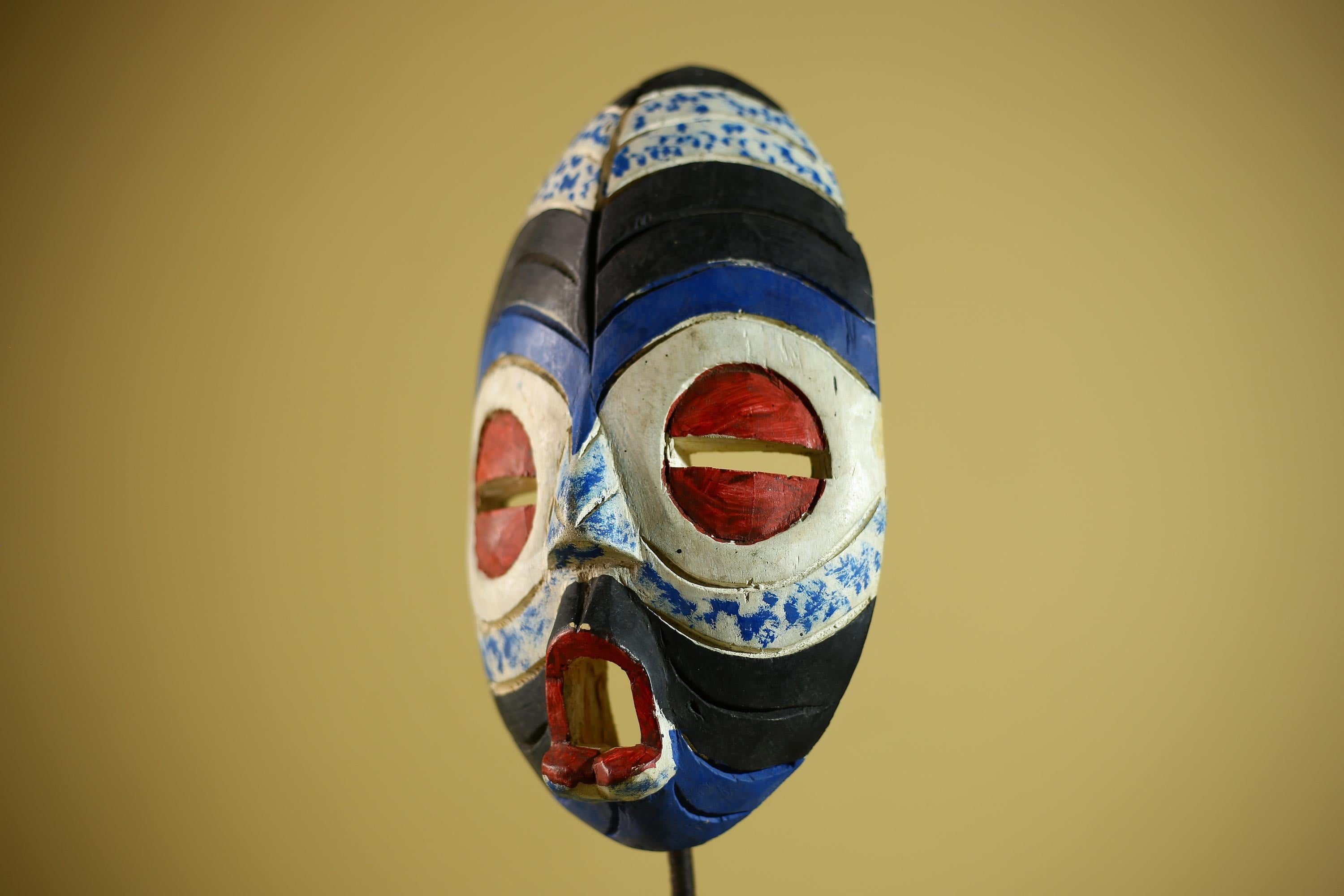 Hand Carved African Mask Blue White Tribal Face Wood Wall Decor-G6340