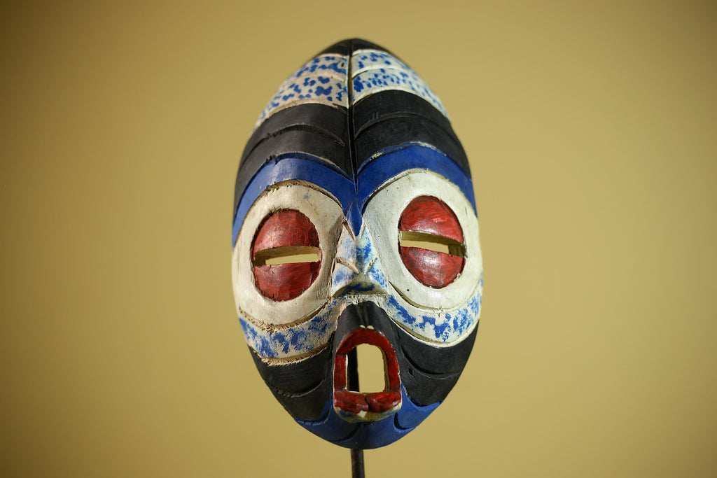 Hand Carved African Mask Blue White Tribal Face Wood Wall Decor-G6340