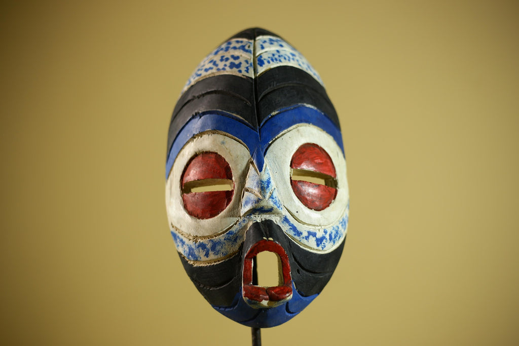 Hand Carved African Mask Blue White Tribal Face Wood Wall Decor-G6340