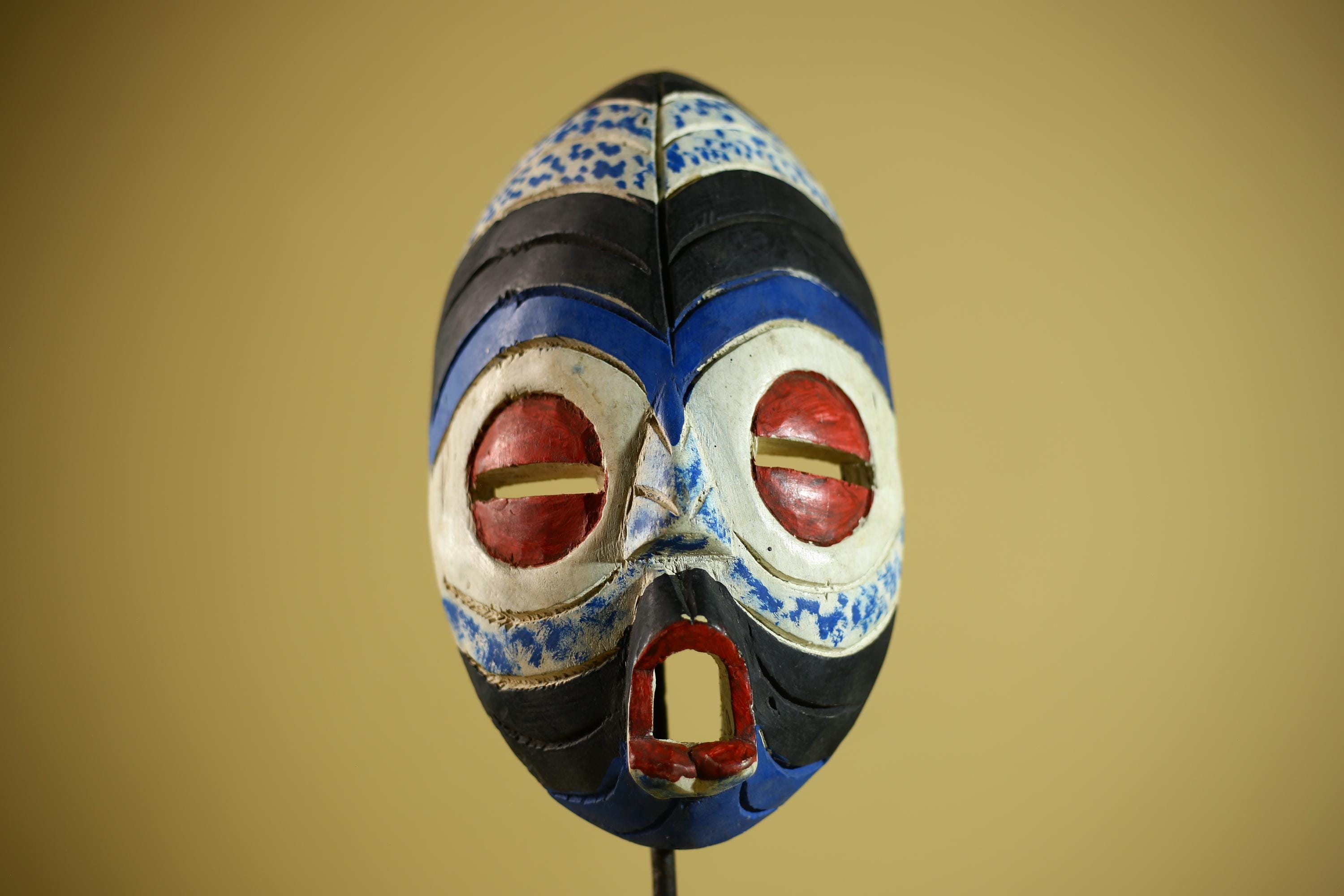 Hand Carved African Mask Blue White Tribal Face Wood Wall Decor-G6340