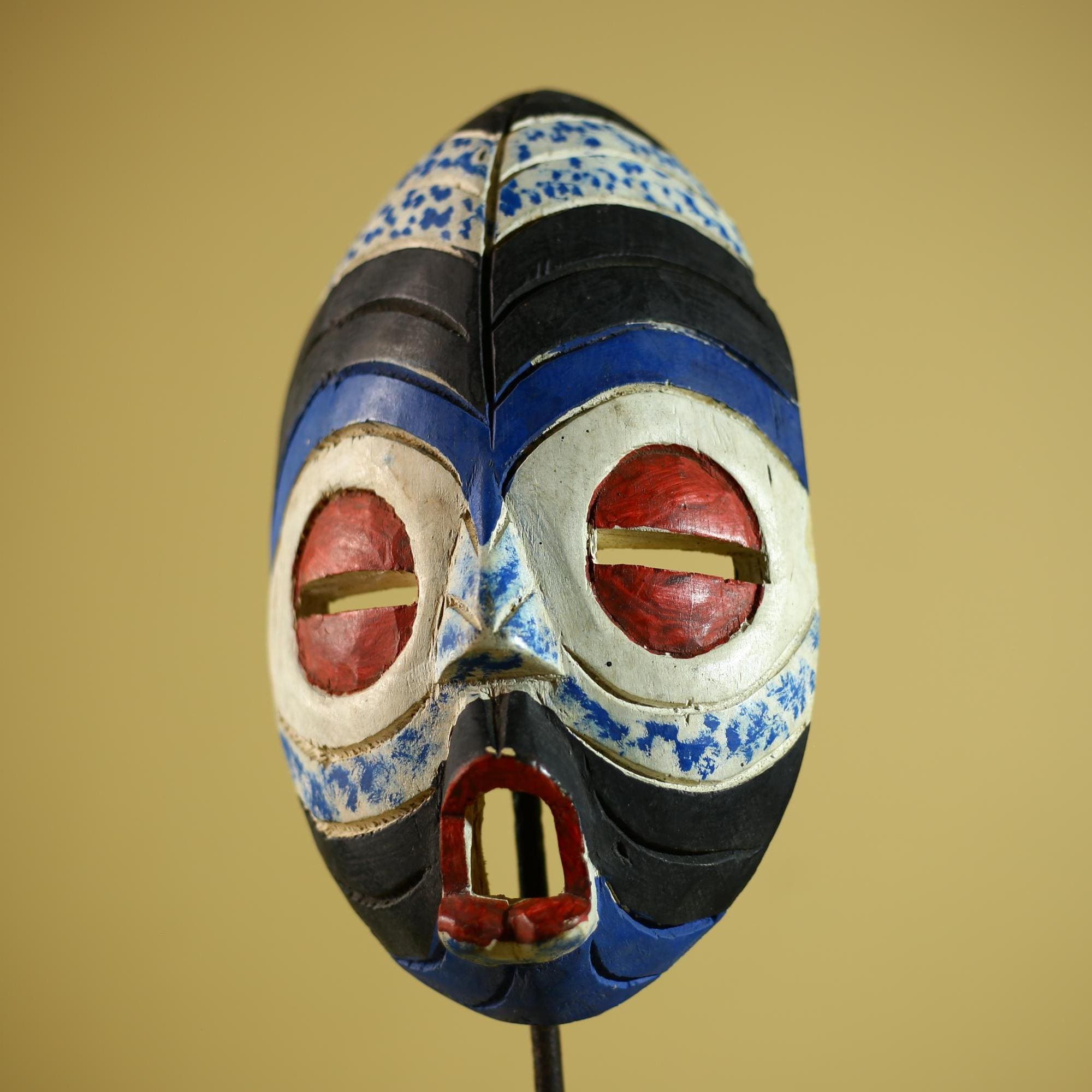 Hand Carved African Mask Blue White Tribal Face Wood Wall Decor-G6340